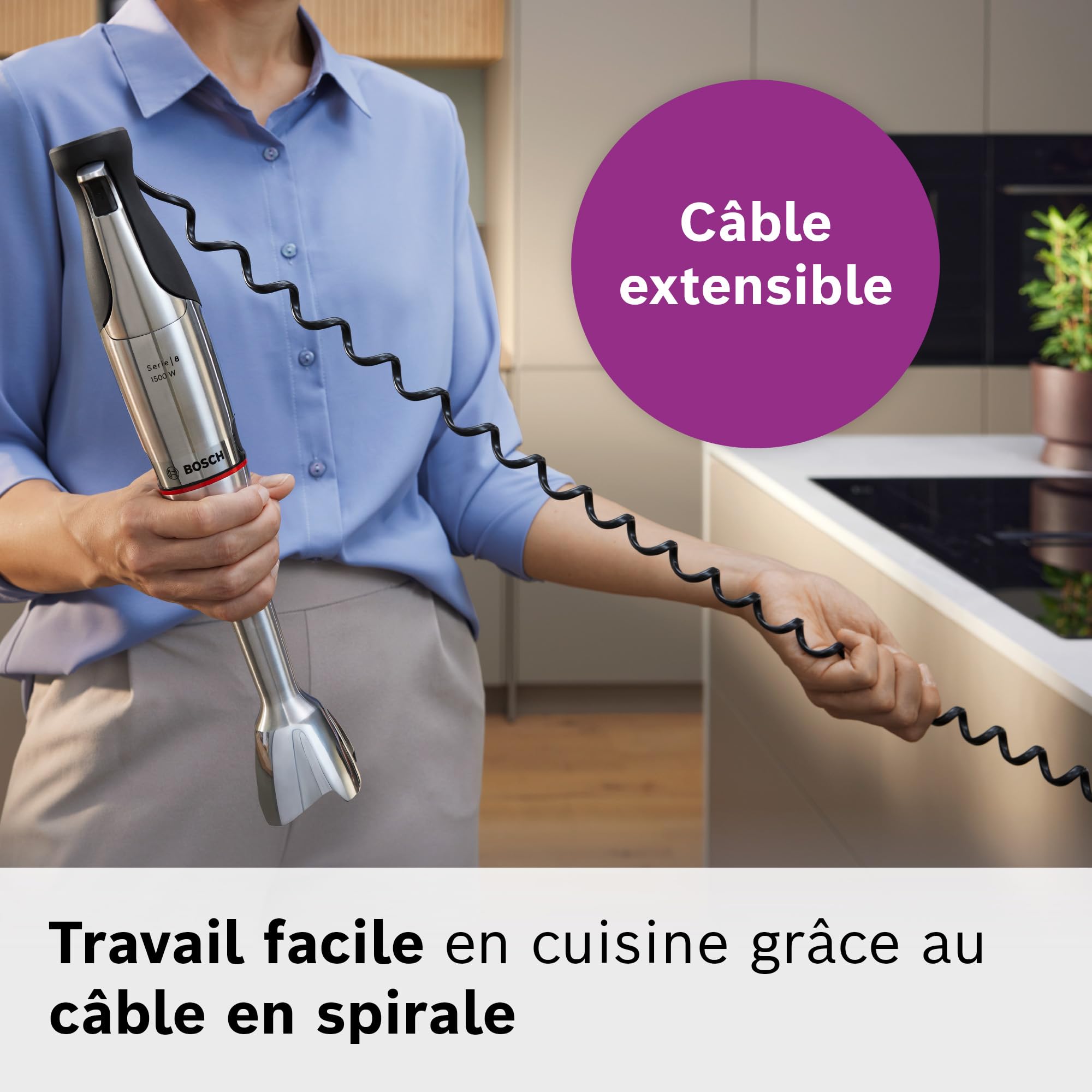 Bosch - Frullatore a mano, serie ErgoMaster 8, motore da 1500 watt, regolazione intuitiva della velocità, lama a 6 fogli, accessori inclusi, acciaio inossidabile, MSM8M934