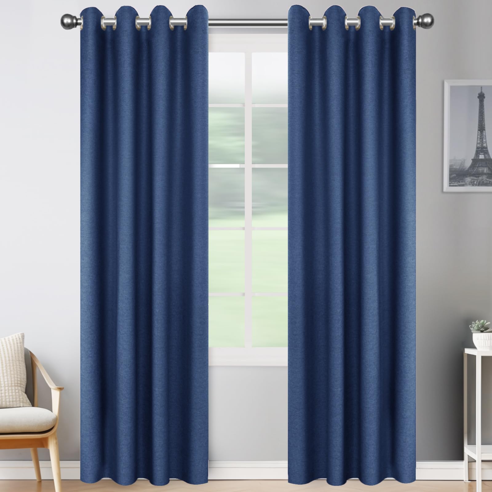 JIVINER 2 Panel Set Linen Blackout Curtains for Bedroom Living Room Darkening Curtains Grommet Thermal Insulated 84 inch Window Drapes Panels (Dark Blue, W52 X L84,2 Panels)