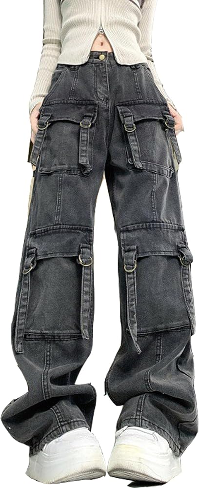 MEINVQIAOTI Multiple Pockets Black Cargo Pants Women Cyberpunk