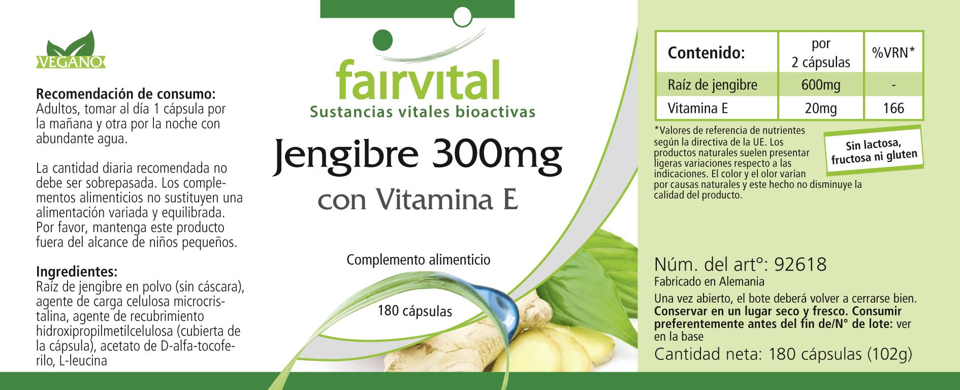 fairvital Ingwer Kapseln 300mg mit Vitamin E, 180 Kapseln, schluckfreundlich, HOCHDOSIERT, VEGAN