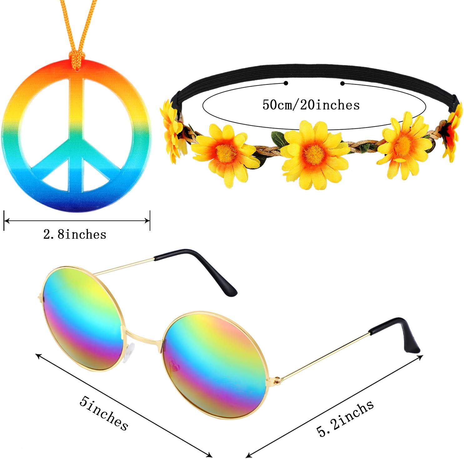 12 Pcs Hippie Costume Accessory Set 60s 70s 4 Pairs Hippie Sunglasses 4 Pcs Daisy Headband 4 Pcs Peace Sign Necklace - Image 2