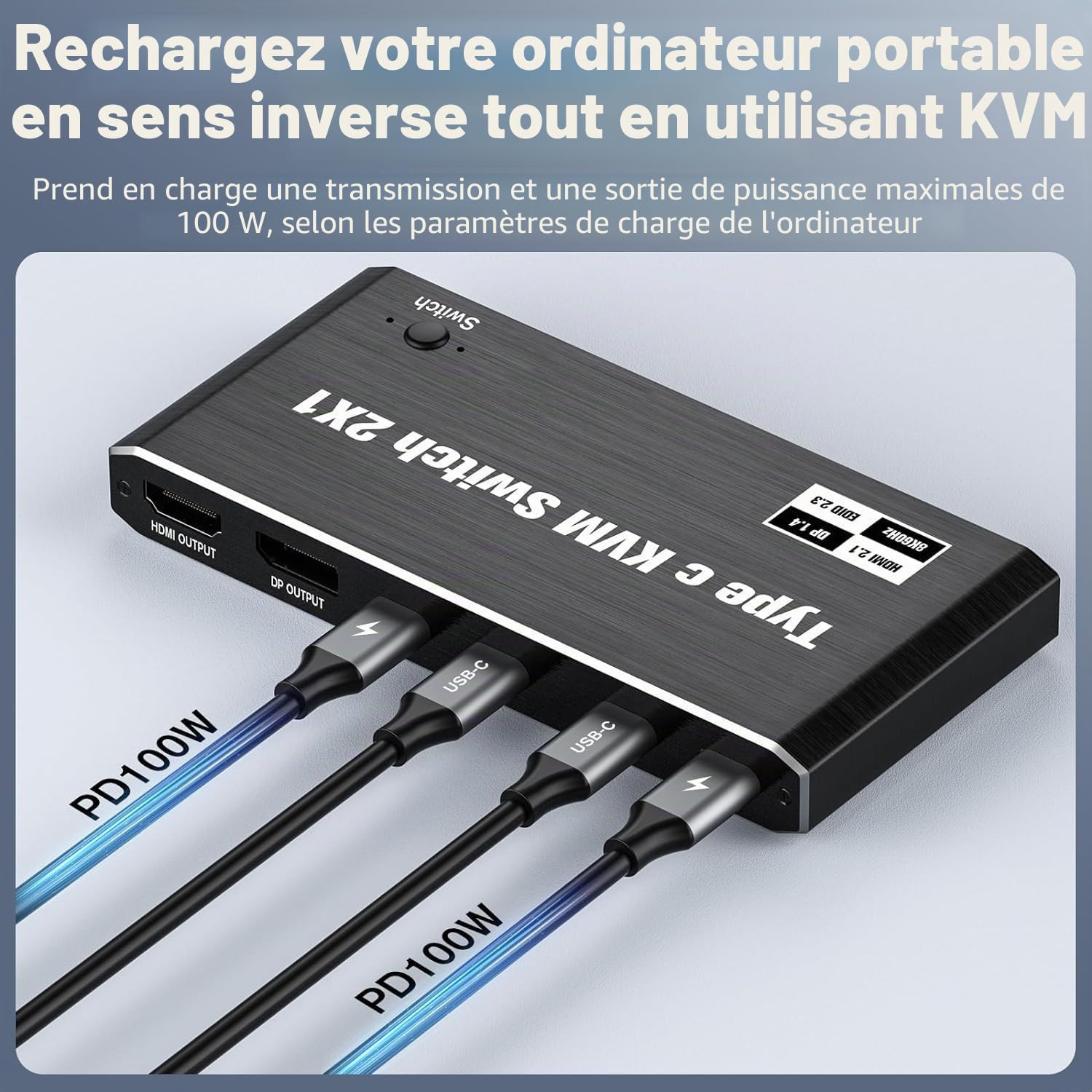 Commutateur KVM USB-C 2 en 1 sortie 8K à 60 Hz 4K à 120 Hz, pour Windows 11/10/8/7/Vista/XP, Mac OS X 10.9, compatible avec Thunderbolt 3 et Thunderbolt 4