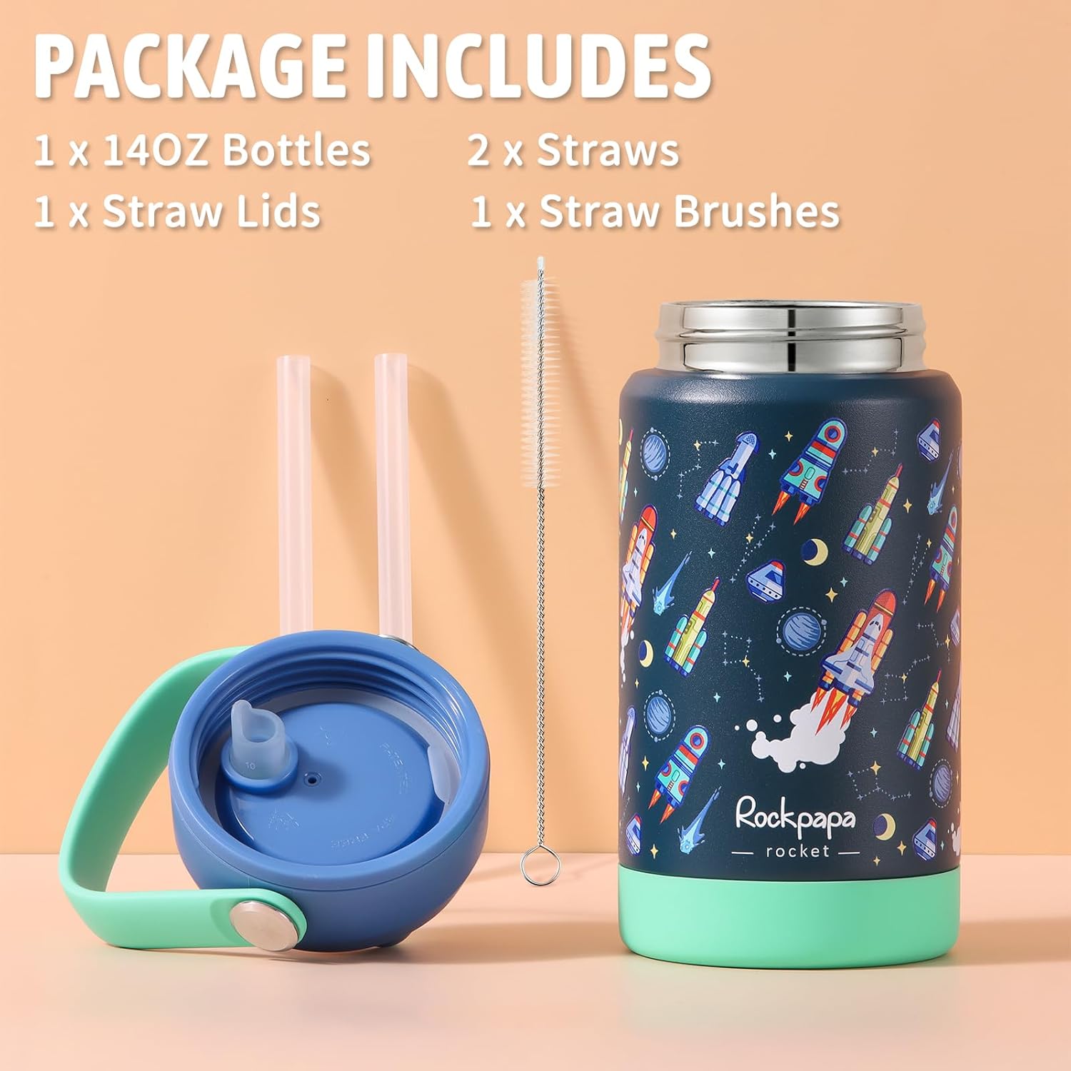 rockpapa 14 oz Kids Insulated Water Bottle,Stainless Steel Toddler Cups with Straws, BPA Free, Leak-Proof, Kids Water Bottle for School Boys& Girls (Blue Rocket) - Image 6