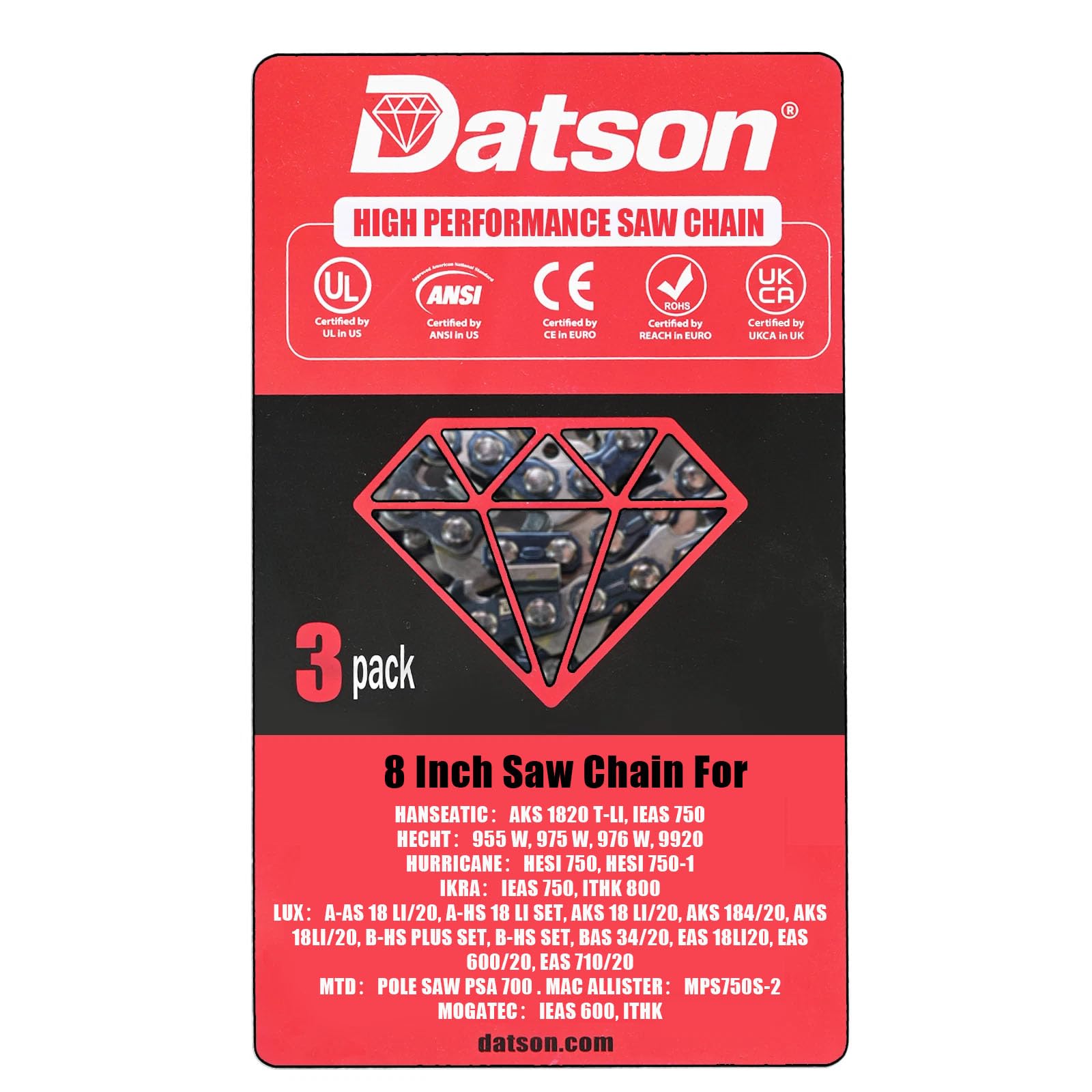 3 Pack Chainsaw Chain for 8 Inch (20 cm) Bar,3/8" LP Pitch,.050"(1.3mm) Gauge,33 Drive Links,Replacement for MAC Allister：MPS750S-2,MOGATEC：IEAS 600, ITHK,MTD：Pole Saw PSA 700