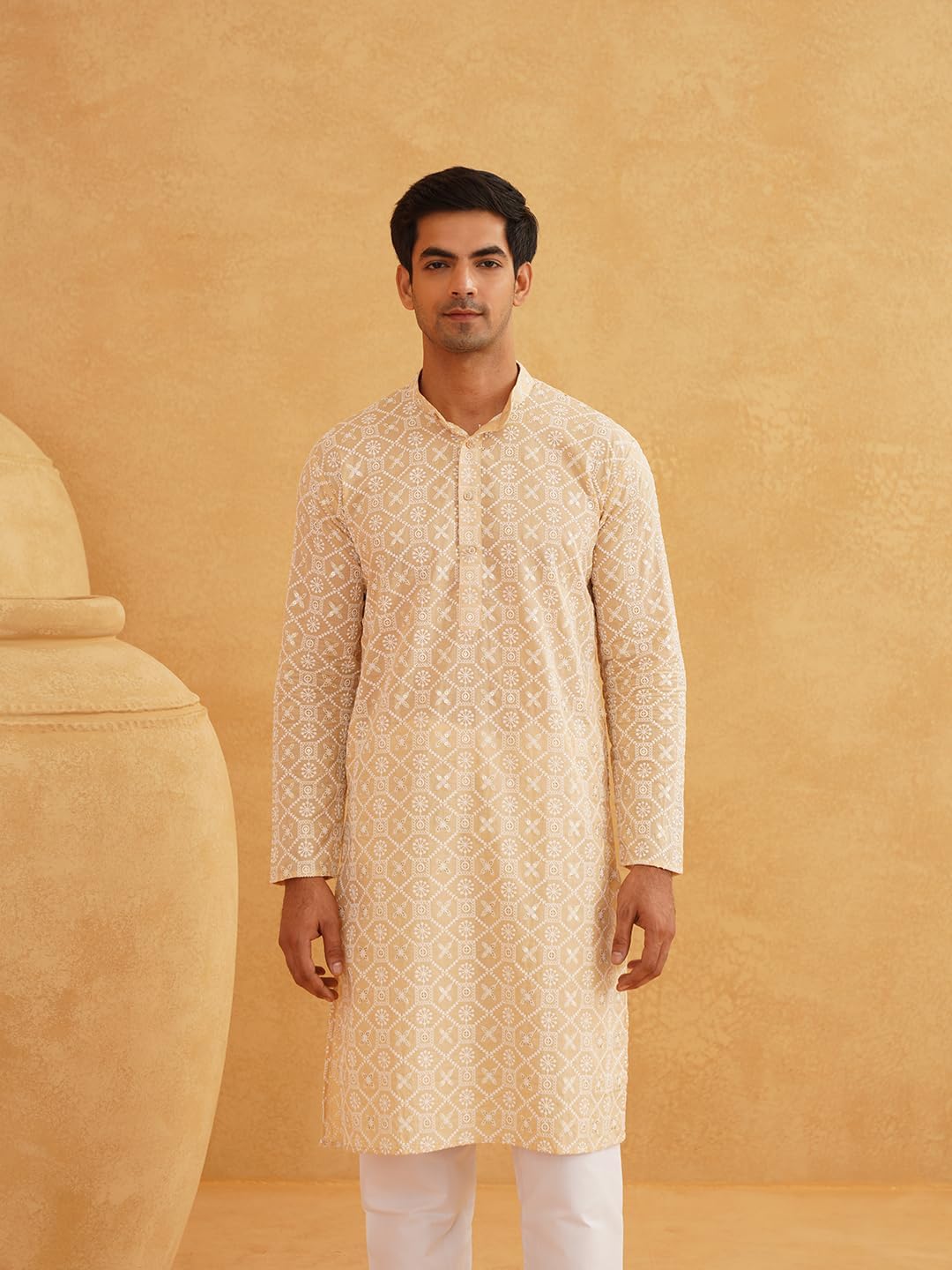 Sojanya (Since 1958 Men'S Cotton Gold Sequence Embroidered Kurta With White Churidaar Pyjama - Image 7