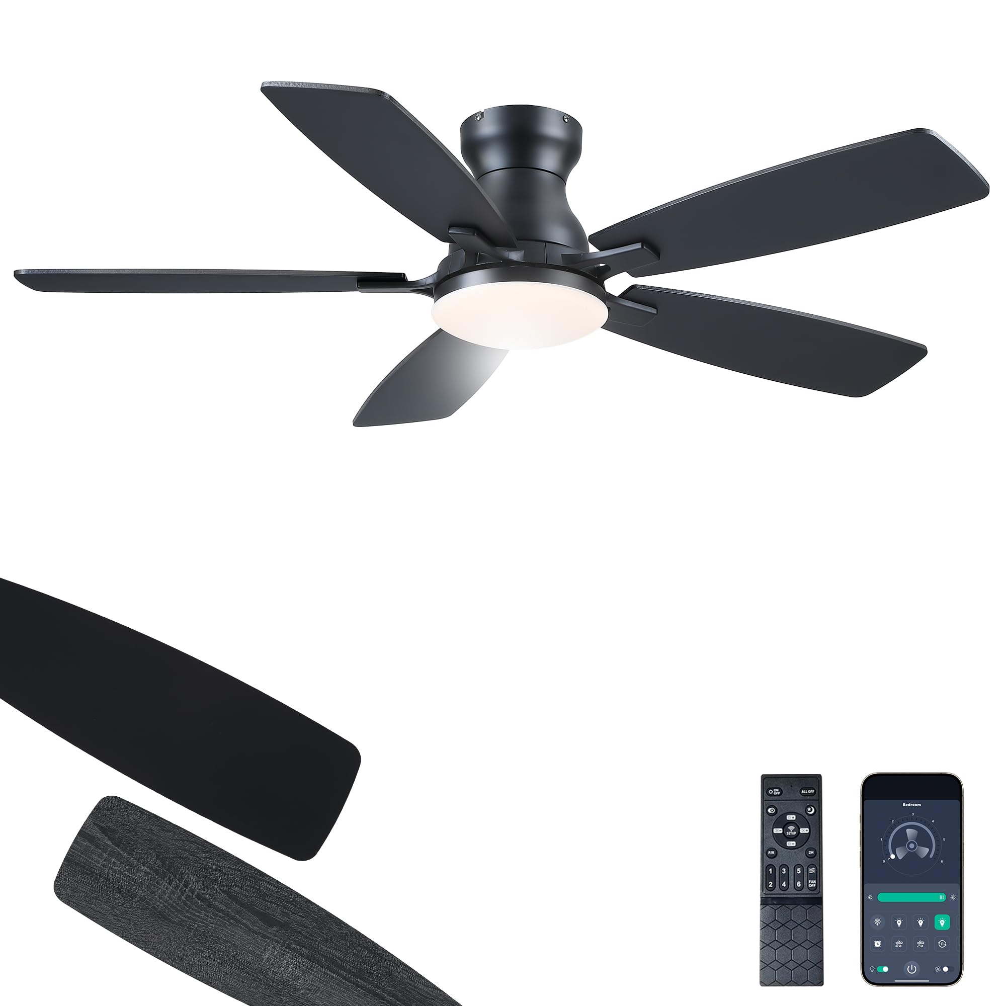 JSAITEE 46 Inch Low Profile Flush Mount Ceiling Fan with Lights, Black