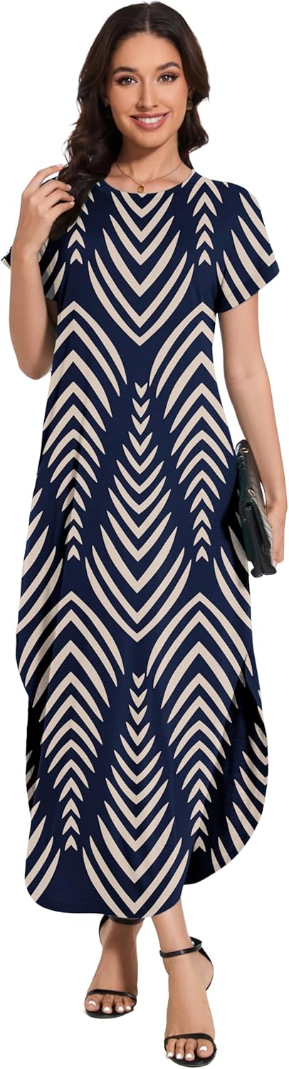 Women Summer Long Sundress Crewneck Short Sleeve Maxi Dress 2026 Casual Loose Beach Dress with Pockets - Image 3