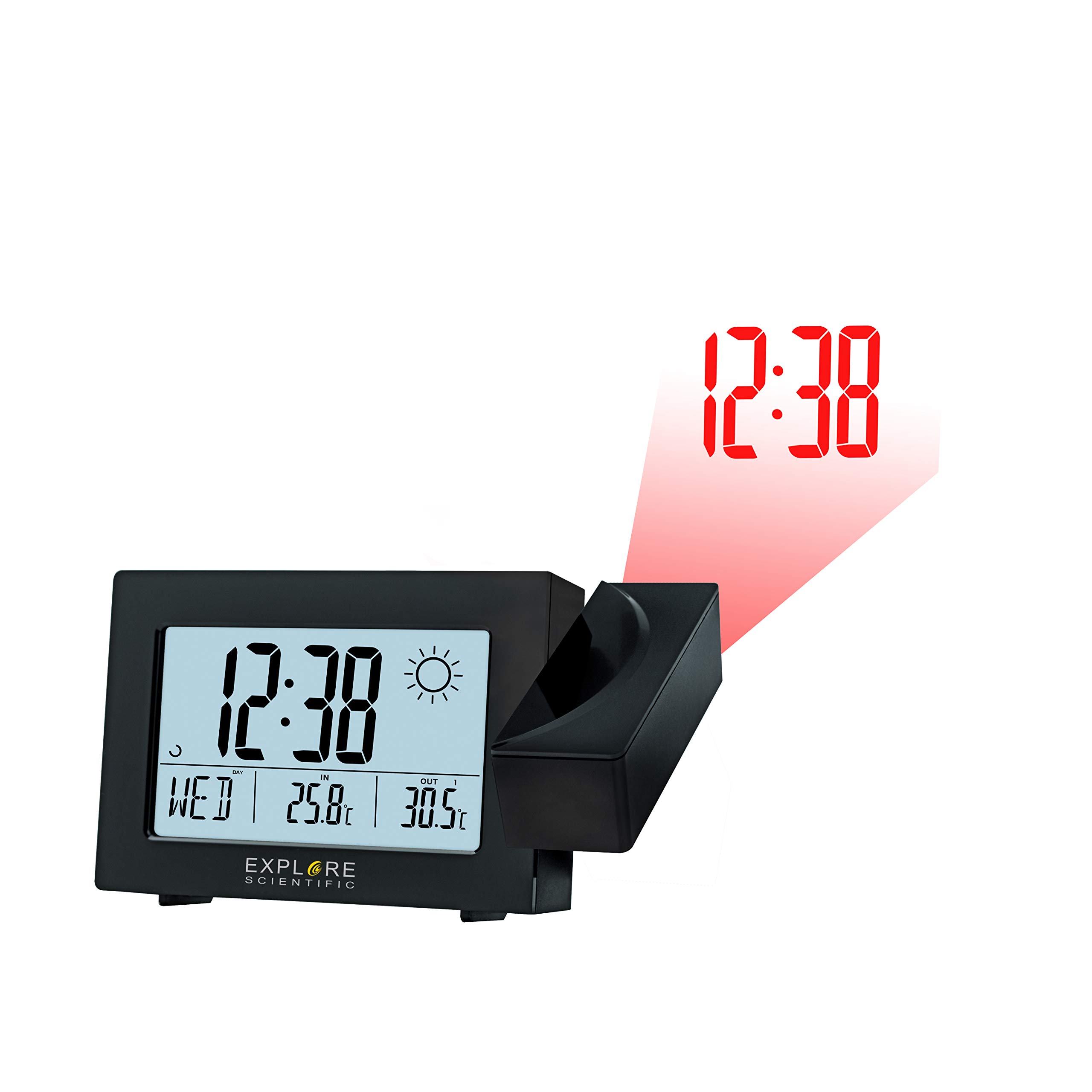 EXPLORE SCIENTIFIC RPW-3008 Reloj controlado por radio temperatura interior exterior proyección tiempo cabezal giratorio negro