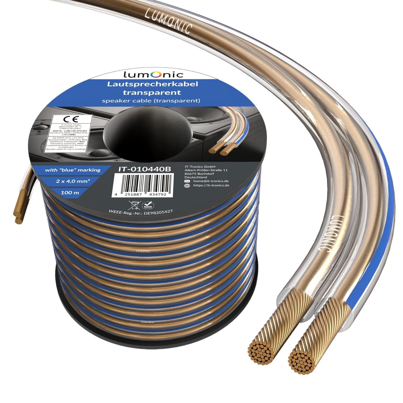 Lumonic Cavi per altoparlanti | 100m Trasparente | 2x 4mm² CCA | Marcatura blu Cavo per diffusori HiFi | Linea audio doppia