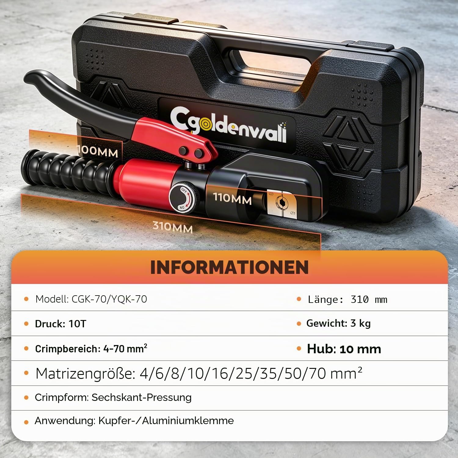 CGOLDENWALL Hydraulische Crimpzange für 10T 4-70m㎡-Rohre mit Isoliertem GriffKabelschuhe Zange 2 Paar Dichtring&Anleitung auf Deutsch inkl.