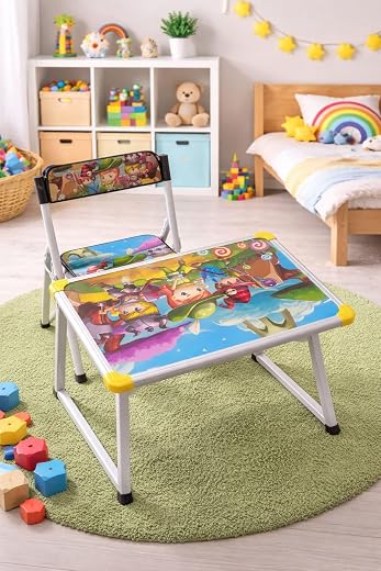 Kids Study Desk and Chair Set, Cartoon Printed Foldable Table, Lightweight and Sturdy Study Table for Kids, for Learning a...