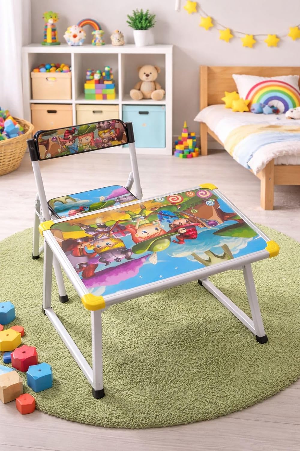 Kids Study Desk and Chair Set, Cartoon Printed Foldable Table, Lightweight and Sturdy Study Table for Kids, for Learning a...