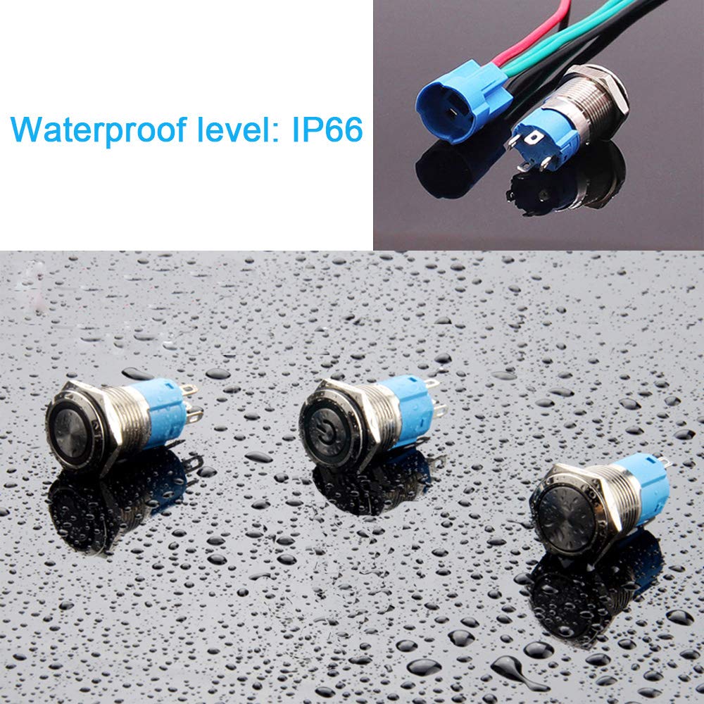 Premium 12 V/24 V 3 A samoblokujący się zatrzaskowy przełącznik przyciskowy, 12 mm wyłącznik zapłonu samochodowego, niebieskie światło LED, stal nierdzewna, wodoodporny przełącznik IP66, z