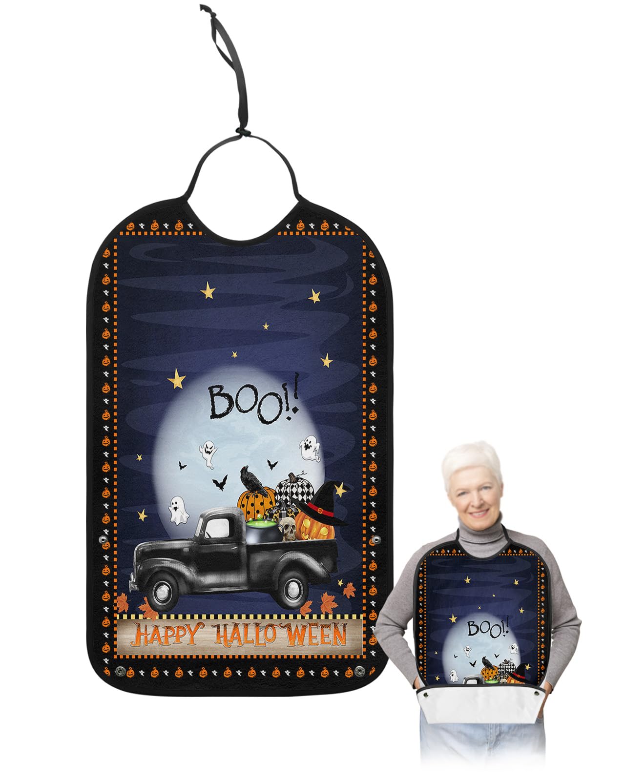 Halloween Adult Bibs for Eating, Waterproof Bibs with Food Catcher & Adjustable Snap Closure, Boo Farmhouse Fall Pumpkin Black Truck Bat Washable Clothing Protectors Adult Bibs for Elderly Women/Men