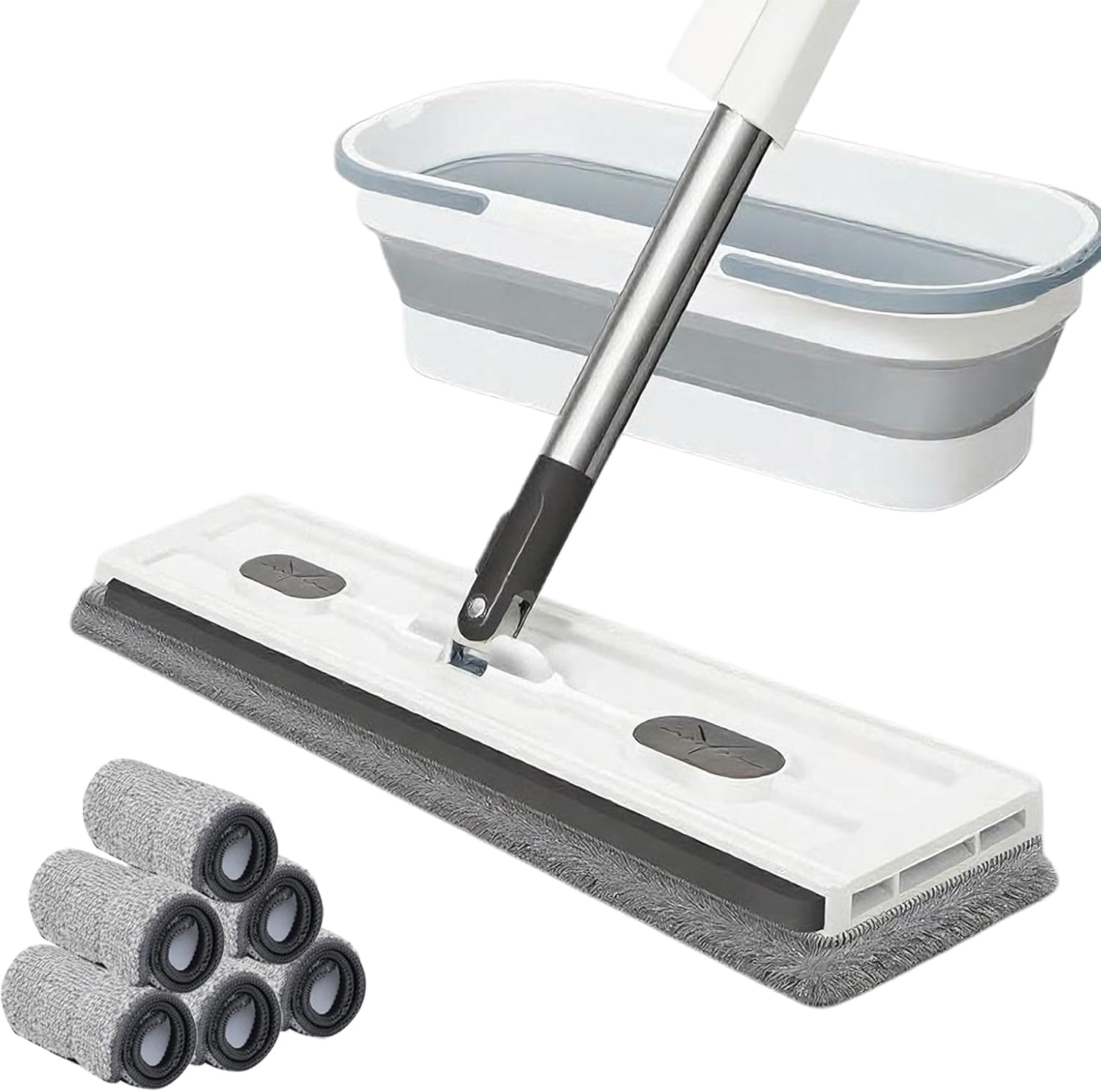 incomplete 2025 New Large Flat Mop with 6 Reusable Mop Head Dry and Wet, Flat Mop and Bucket Set, Adjustable Handle Self Wringing Flat Mops, 360 Rotation Flat Mop (White with 6pcs Mop Head)