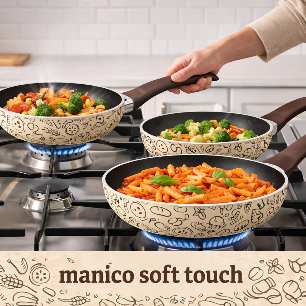 BAKAJI Tris Padelle Pastella da 20-24 - 28 cm con Fondo Antiaderente Cottura Uniforme e Omogenea, Manico Soft Touch, Padella Ideale per Cucinare Rapidamente, Adatto a Piani Cottura Gas