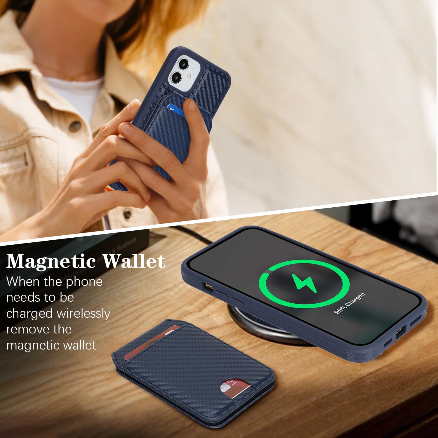Havaya MagSafe - Custodia a portafoglio compatibile con iPhone 12 e 12 Pro, custodia magnetica 2 in 1 staccabile, fibra di carbonio testurizzata, con slot per schede e ricarica wireless, blu cobalto