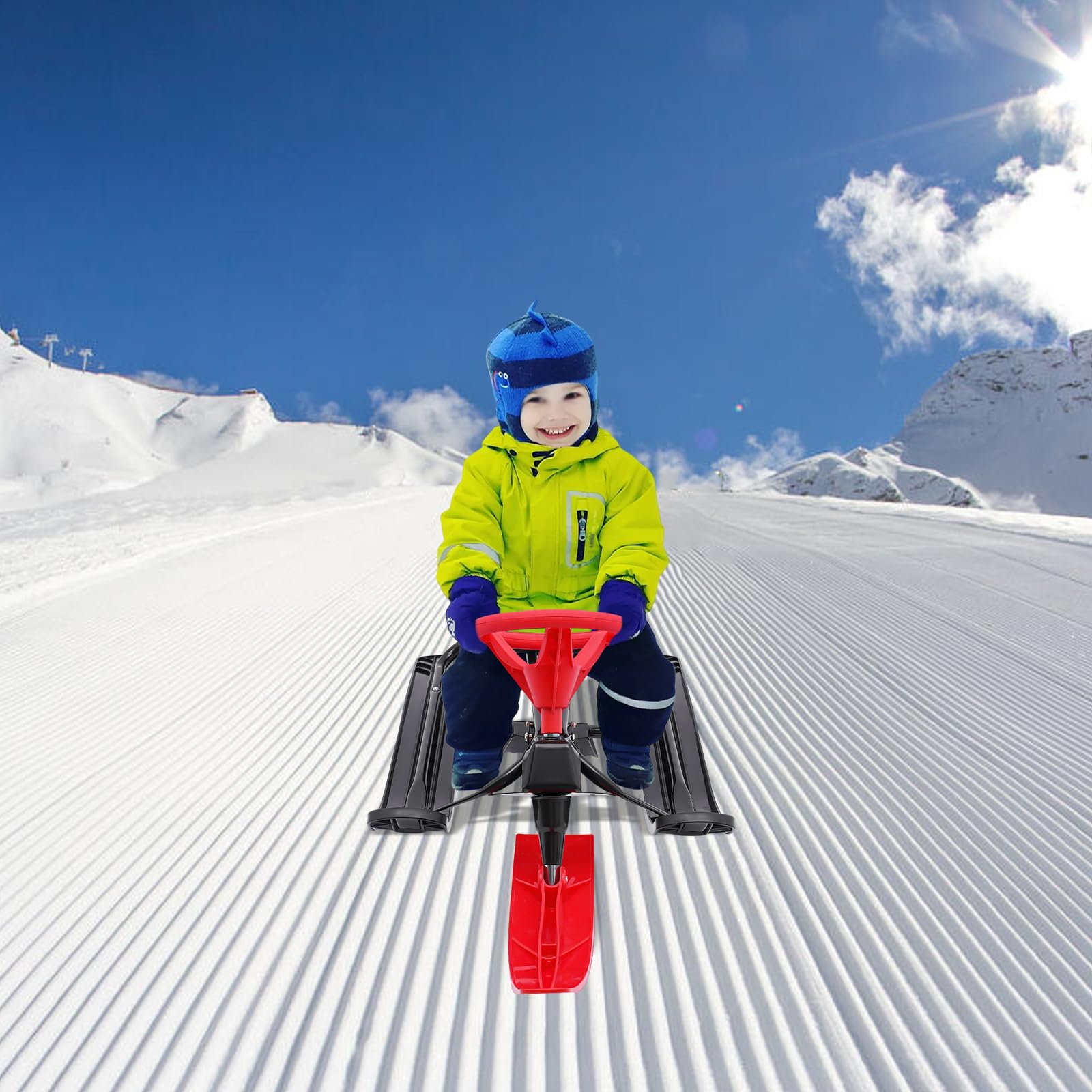 Bob Slittino con volante e freno a pedale, portata 100 kg, per adulti e bambini, 3-15 anni, slitta ergonomica per sci, neve, ghiaccio