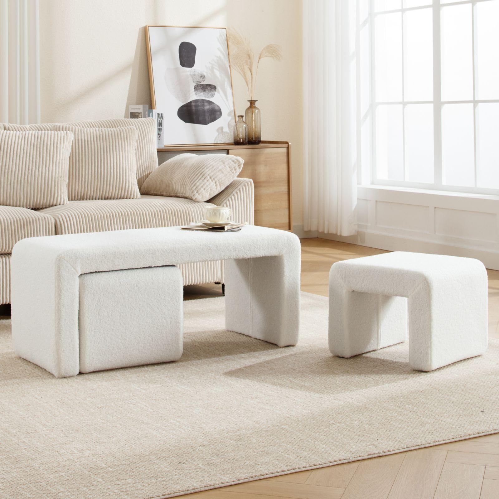 ROCITY Modern Boucle Bench White Sherpa Ottoman Bench for Entryway, Bedroom End of Bed, Set of 3 Small Sofa Footrest Extra Seating for Living Room, 20