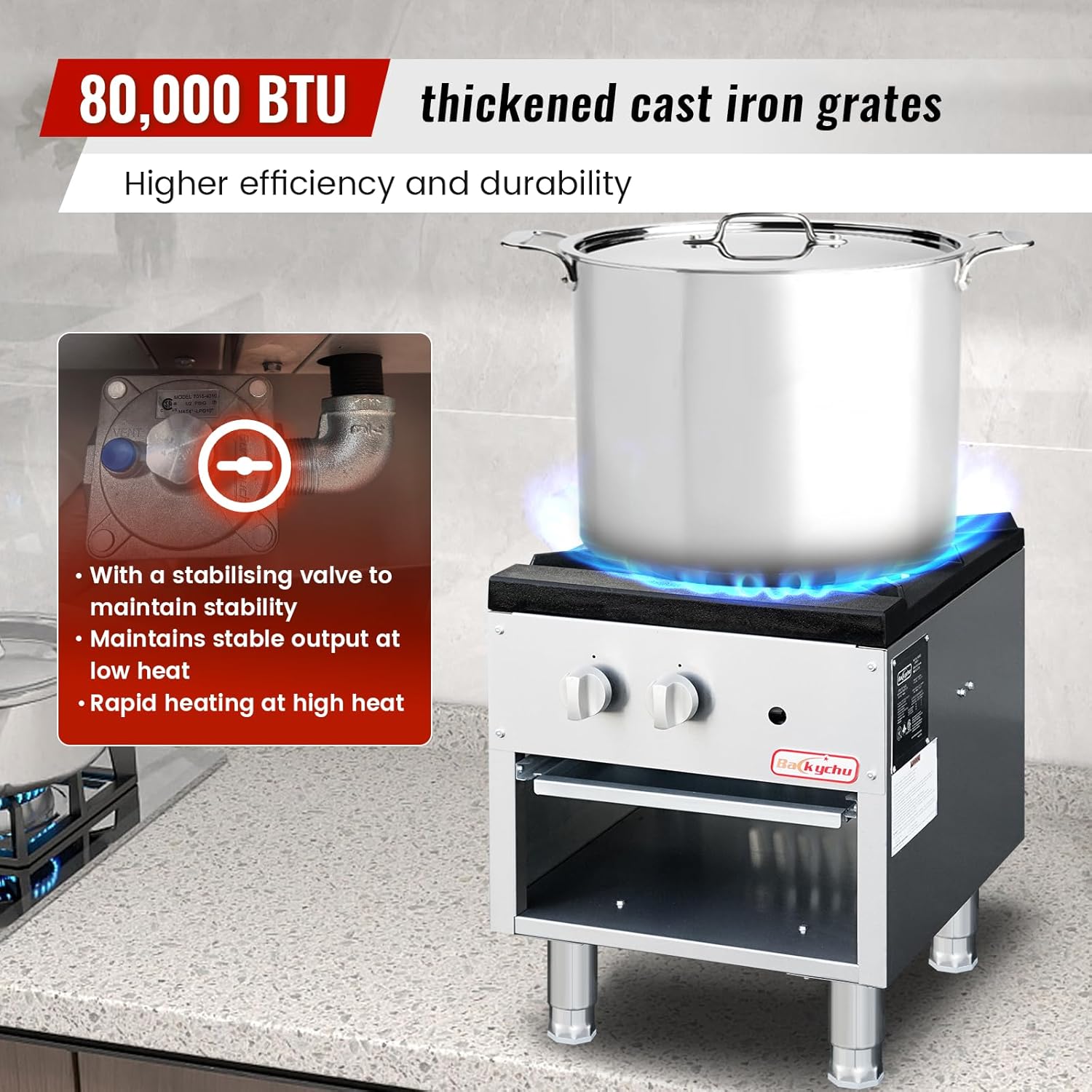 Commercial Gas Stove with Cabinet, 80,000 BTU Single Burner Stove Range, 18" Countertop Cooking Stockpot Range for Restaurant, kitchens & school, Stainless Steel Gas Hot Plate