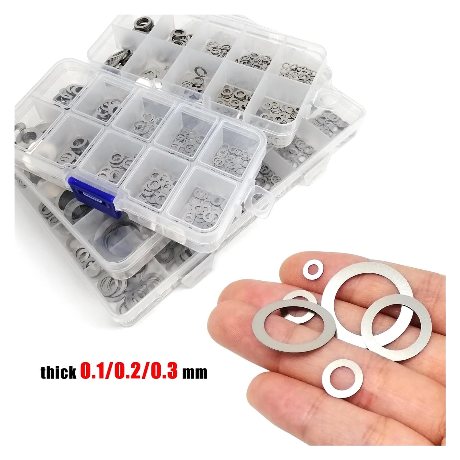 Assortiment de rondelles plates - 1 boîte de 0,1 mm, 0,2 mm, 0,30 mm d'épaisseur - Rondelles plates ultra fines - Kit de joints unis - Assortiment de tailles M3 à M20 en acier inoxydable 304 (0,2 mm