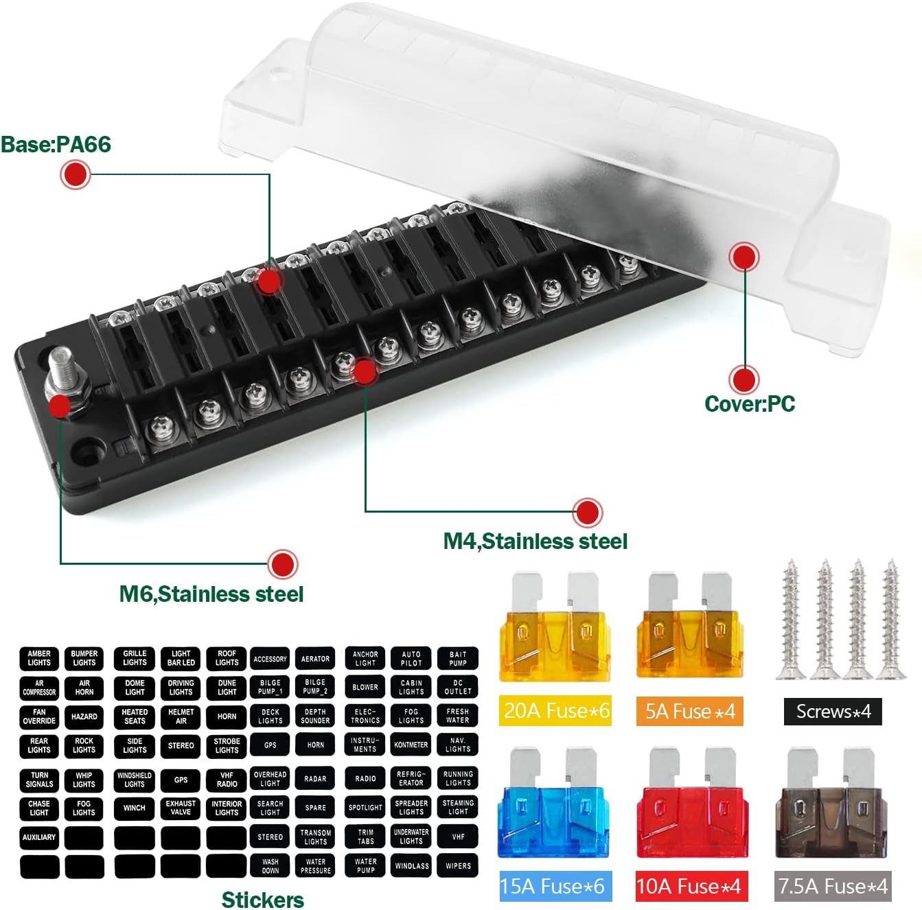 LENKRAD 12 Way Fuse Block Blade Fuse Box, NO LED Warning Indicator, 12 Circuits ATC/ATO with Negative Bus, Protection Waterproof Cover, Bolt Connect Terminals, Sticker Labels for Car Marine RV Truck