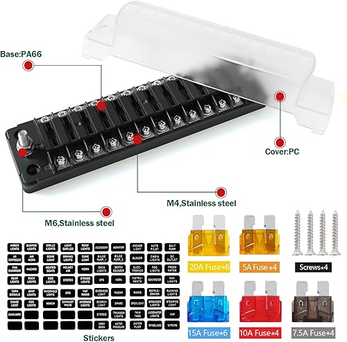 Miniatura 6 de Bloque de fusibles de 12 circuitos ATCATOATS Soporte de caja de fusibles de hoja con conexiones a tierra negativas, indicador de advertencia LED,