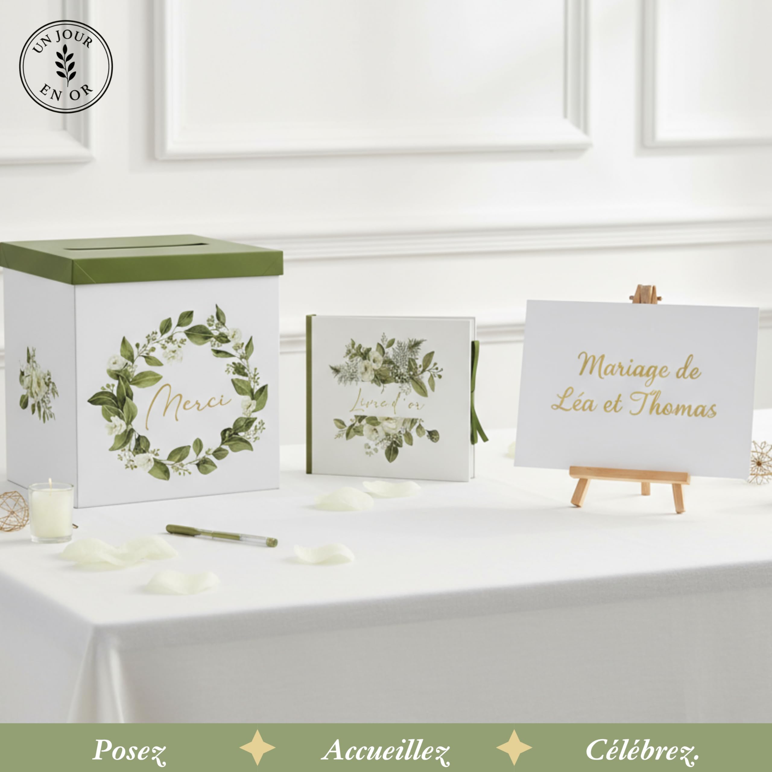 Pack Signature Vert et Or : 4 éléments (Urne Merci, Livre d’or, Stylo encre doré, Chevalet en bois) pour mariage, baptême, anniversaire, départ en retraite et toutes célébrations