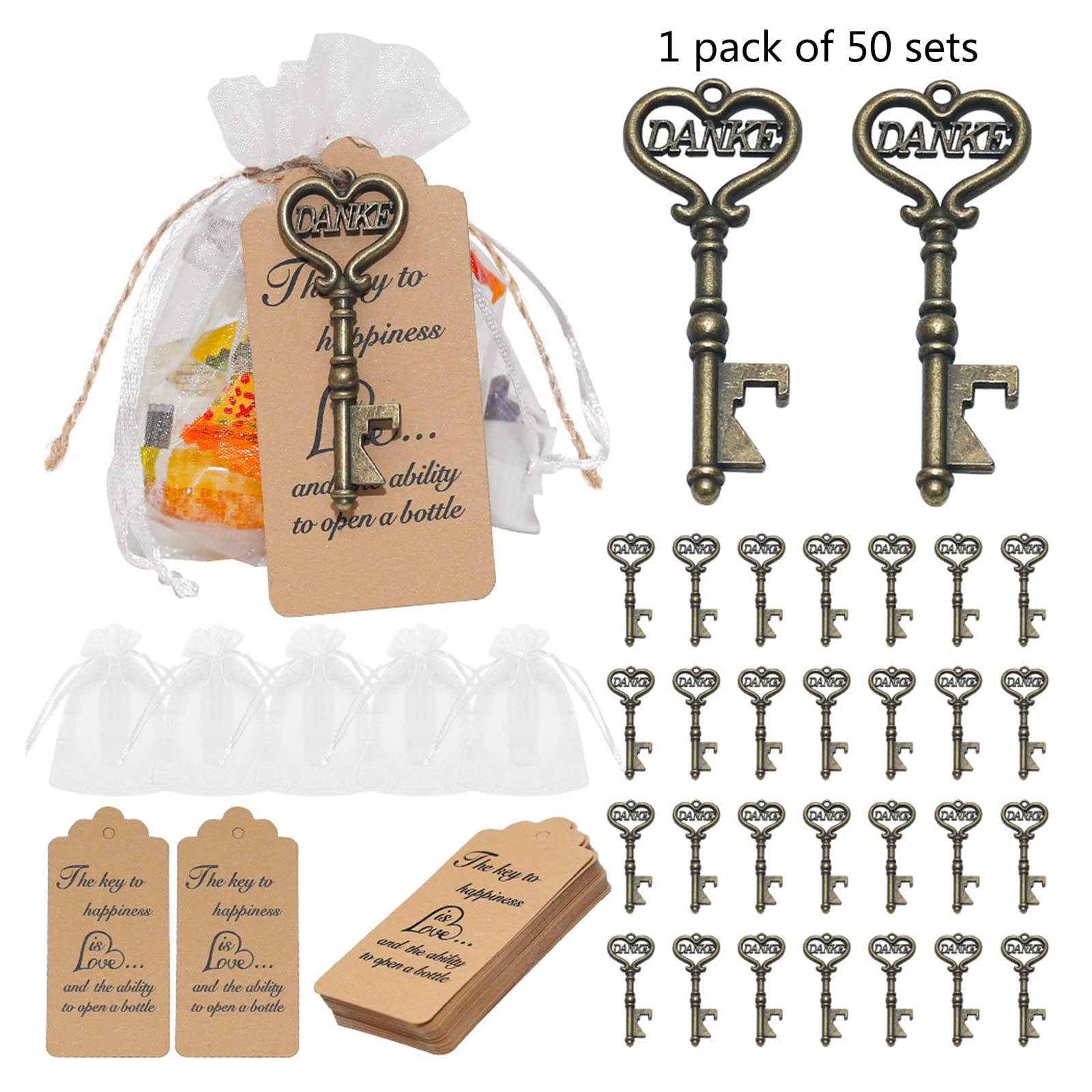 Set 50 Apribottiglie A Forma Di Chiave Scheletro Bronzo - Con Biglietti Ringraziamento E Corda Di Canapa, Per Bomboniere Matrimonio