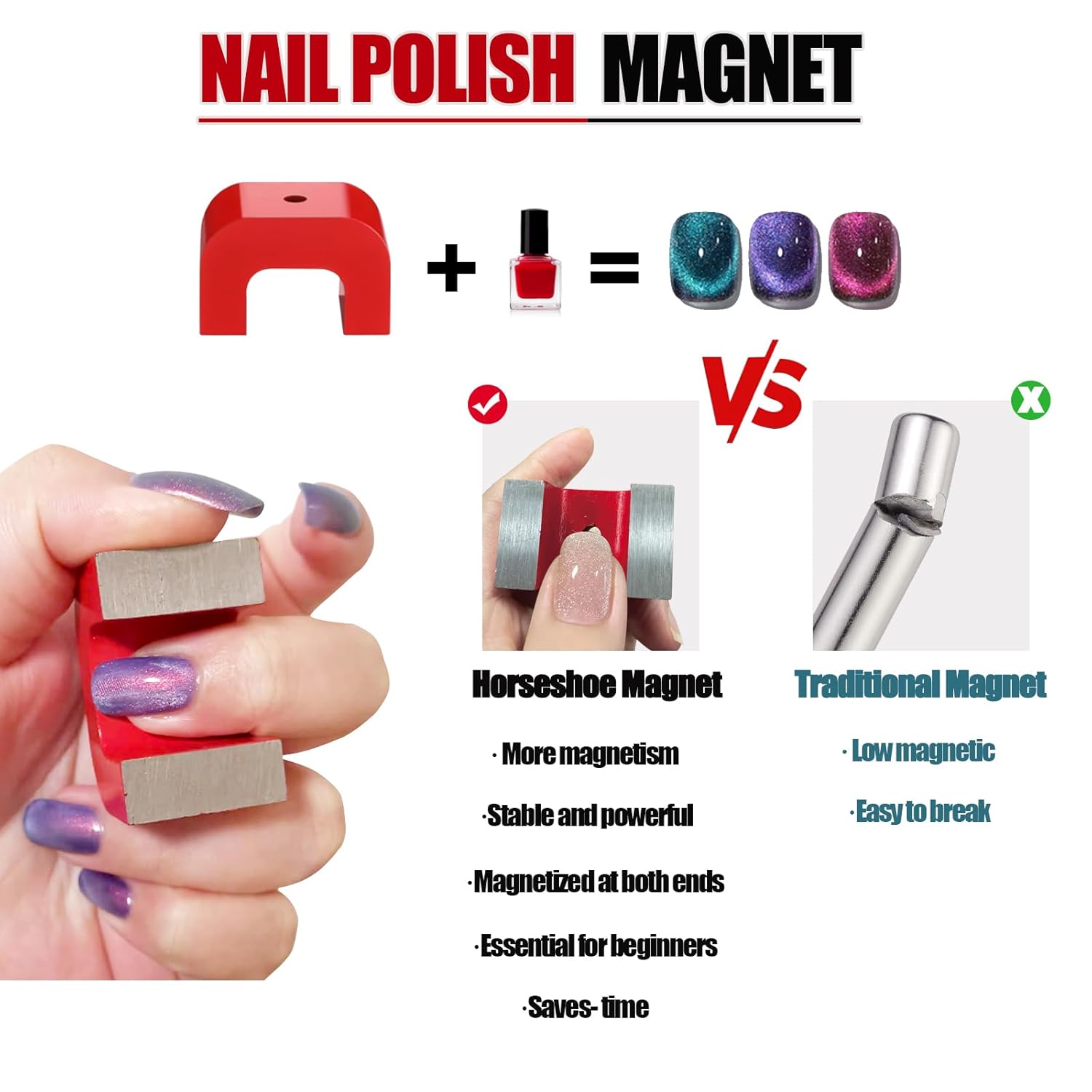 30LB Red Cast Horseshoe Magnet for Nails, Super Strong Alnico U Magnets for Nail Polish, Cat Eye Nail Magnet for Education,DIY