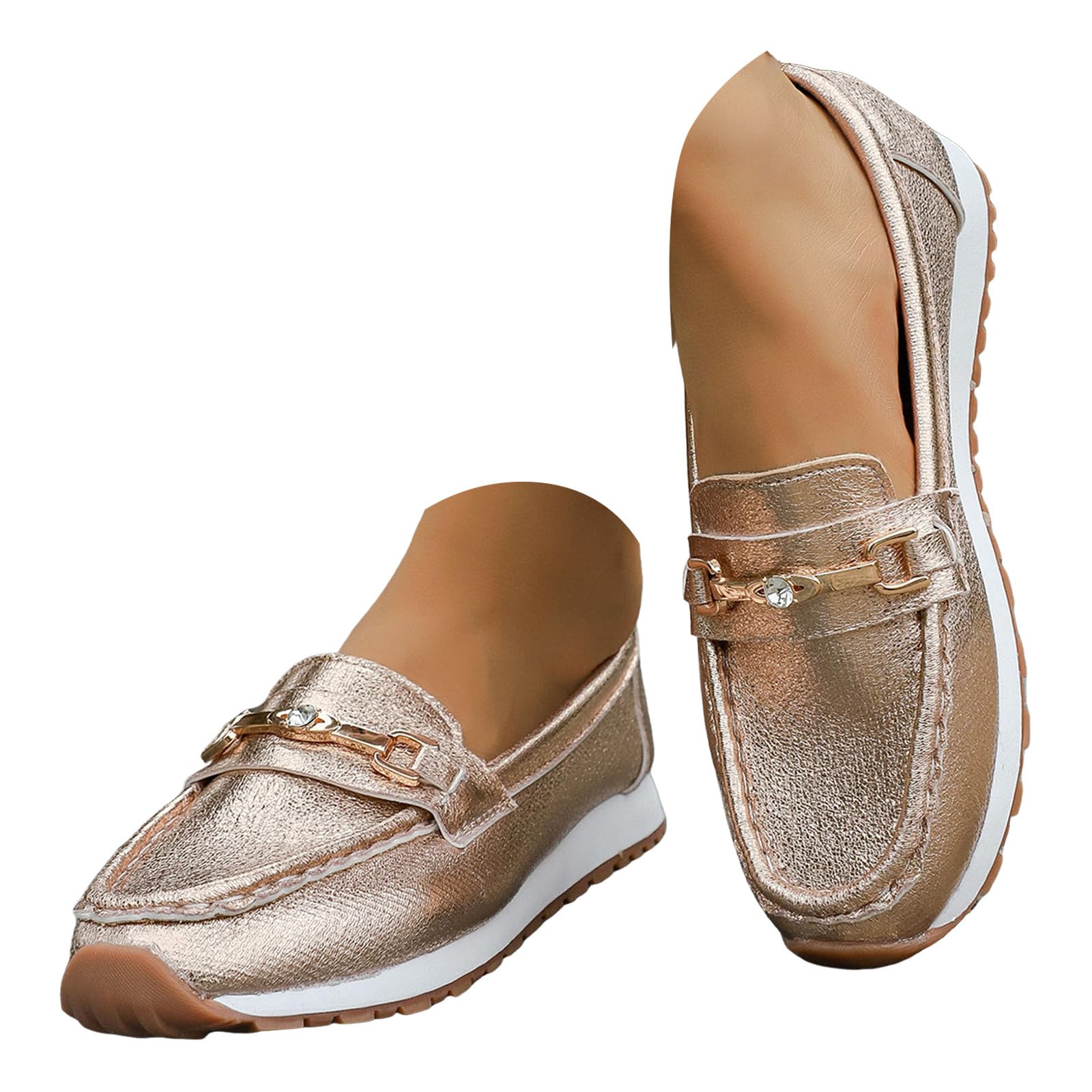 Women's Comfortable Shiny Leather Penny Loafers Lightweight Slip-Ons Cute Business Casual Dress Shoes Work Office Flats Everyday Non-Slip Walking Shoes Fashion Buckle Driving Mocs with Memory Foam