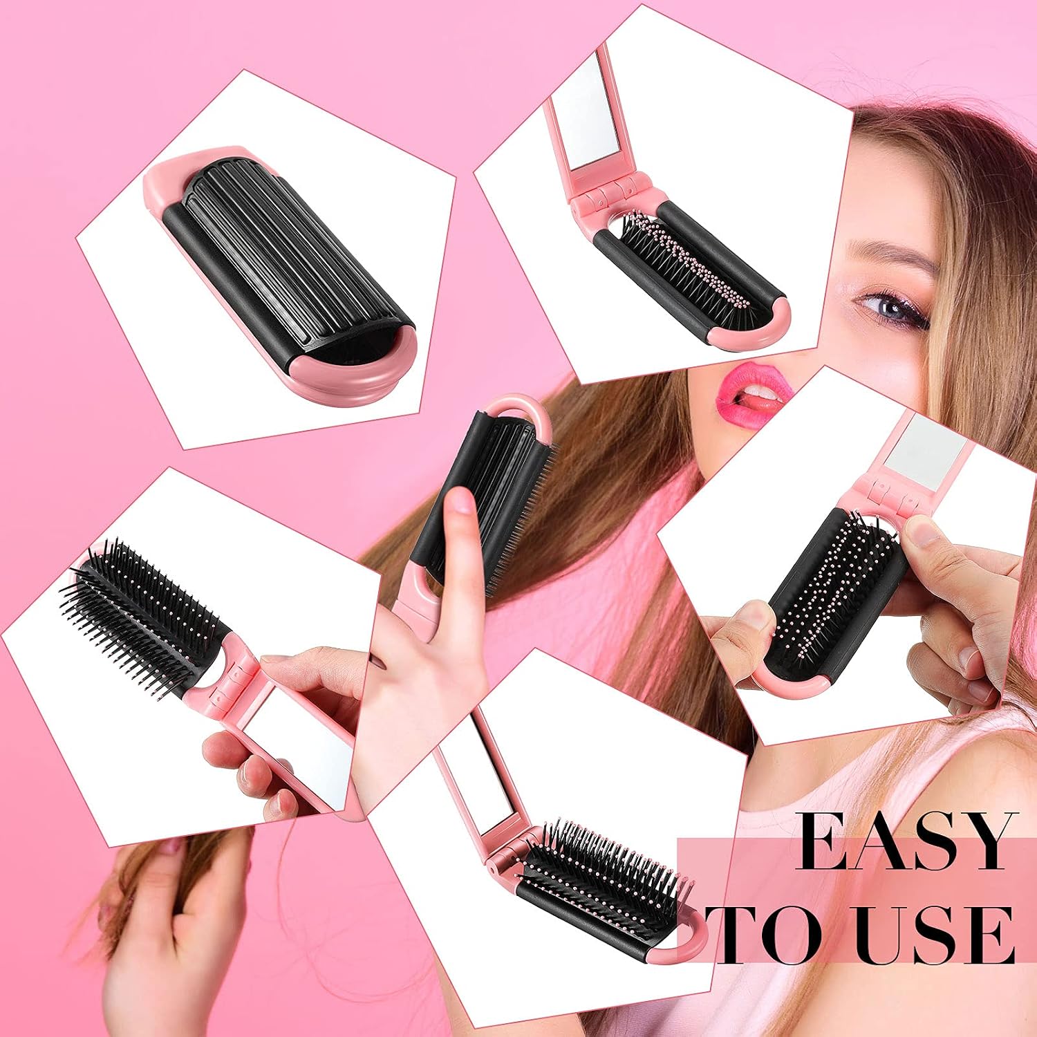 Queekay 12 Pcs Travel Hair Brush for Women Men Colorful Portable Folding Hair Brush with Mirror, Mini Compact Pocket Comb for Purse Bag School Family Travel Size Toiletries(Purple, Pink, Blue, Green)