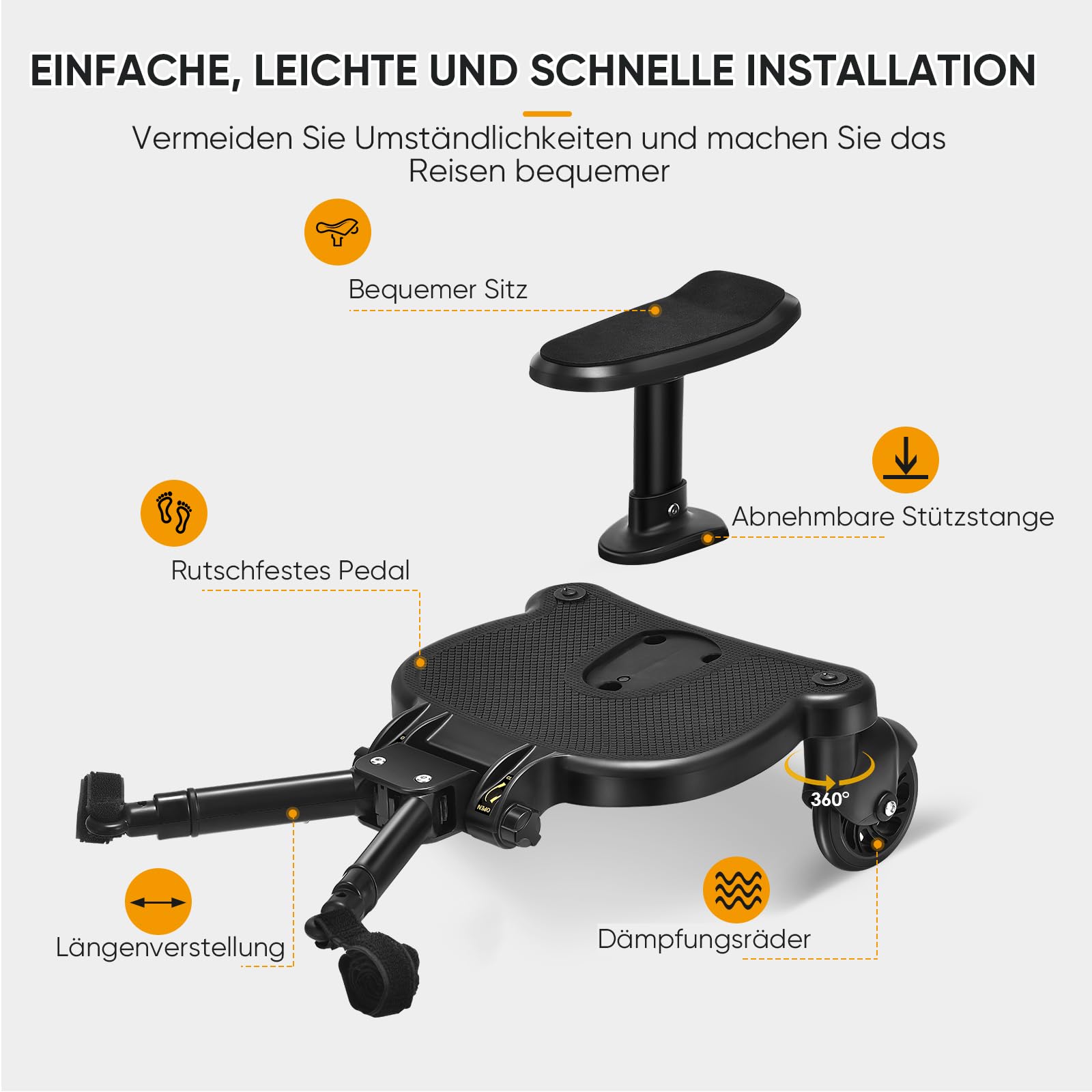 RINRI Planche Poussette Universelle, Marche Pied Poussette avec Siège, Skate Poussette Universelleavec Sac Organisateur de Landau, Compatible avec 99% des Poussettes, pour Enfants de 2 à 6 Ans