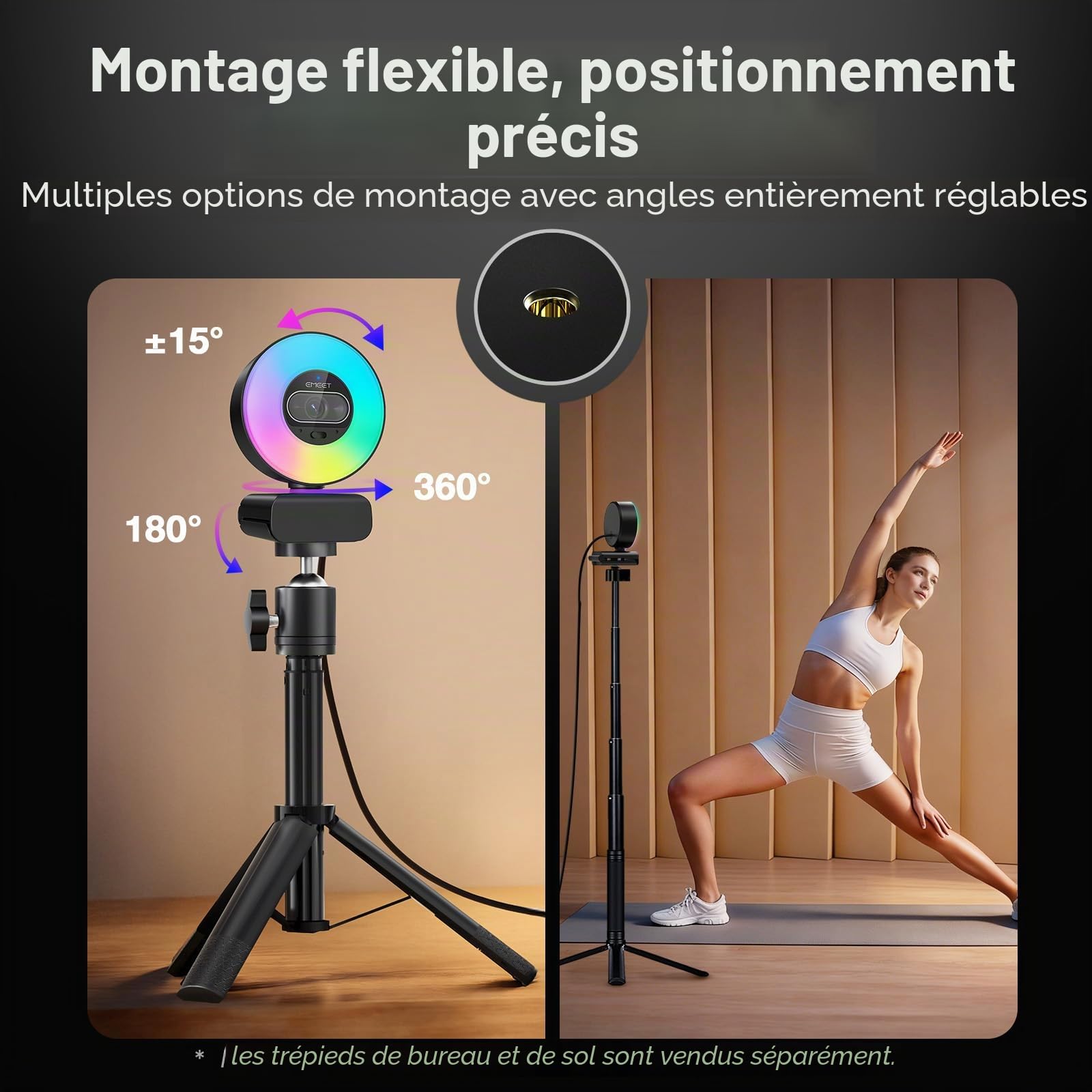 eMeet Webcam 4K S600L, 4 Modes d'éclairage, Effet Arc-en-Ciel, Capteur 1/2", Imagerie IA, PDAF 0,2 s, 2 Microphones, Molette de Réglage, Webcam 4K avec Lumière pour OBS/Twitch/Youtube/Zoom/PC/Mac