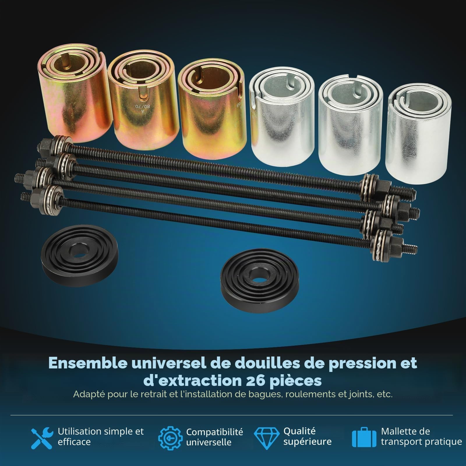 FreeTec 26 pièces extracteur de roulement et roulement de roue ensemble d'outils extracteur de silent-bloc extracteur de moyeu de roue outil silent-bloc pour le démontage et l'installation de douilles