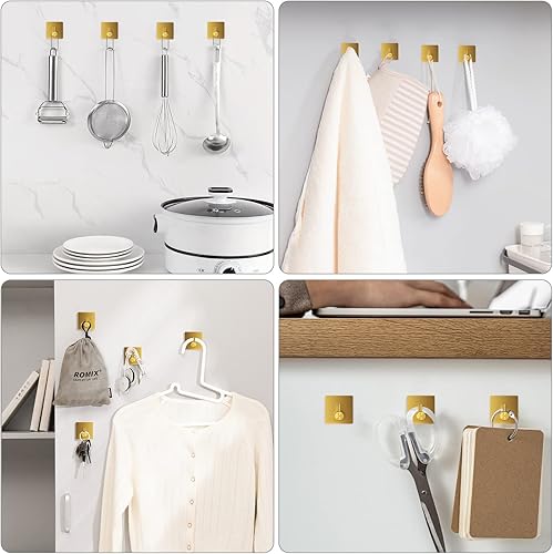 Miniatura 2 de VIS'V Ganchos adhesivos para toallas, ganchos adhesivos impermeables para pared de ducha, dorados, 4 piezas
