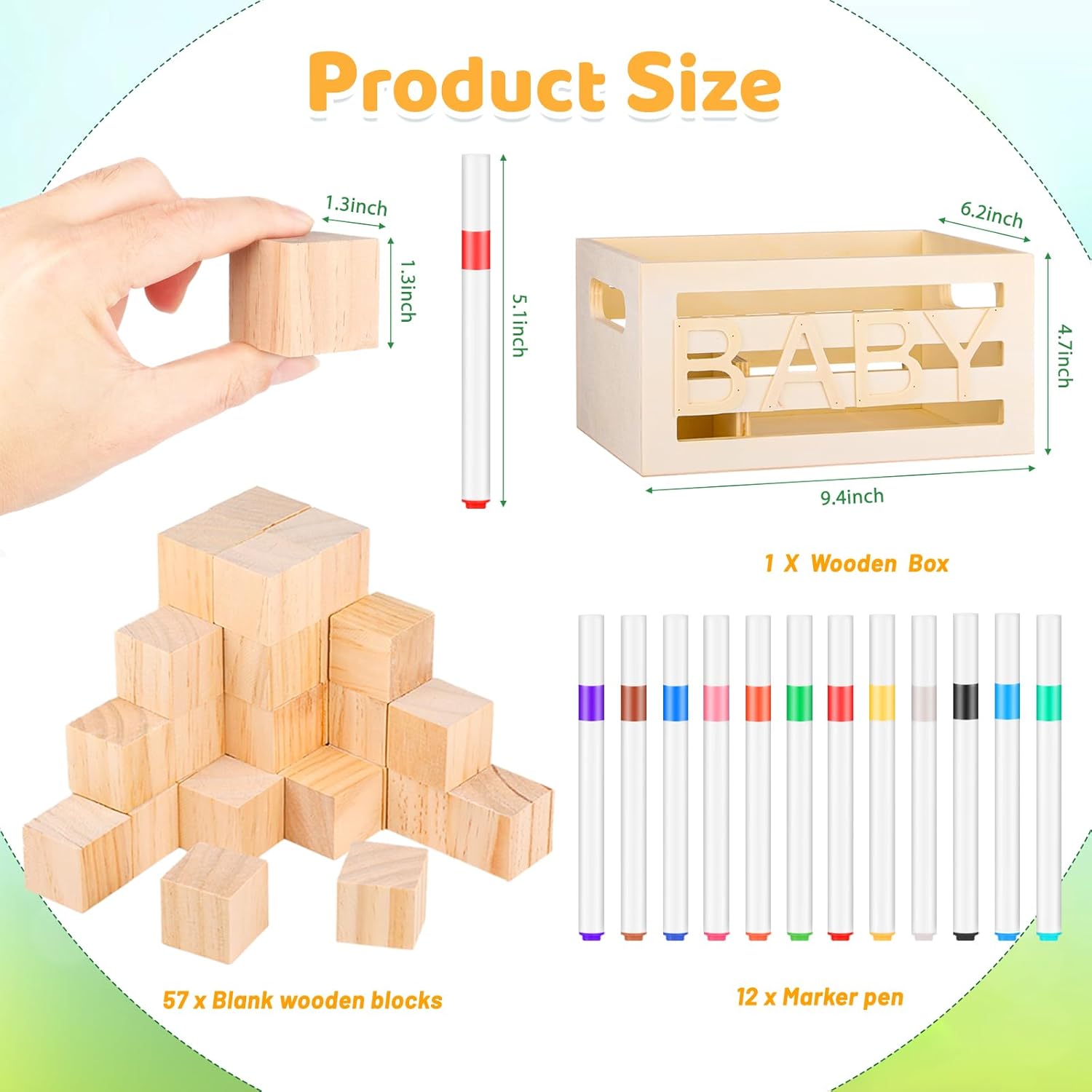 71 Pcs Baby Shower Games Blocks Include 57 Wooden Blank Blocks, 24 Marker, A Block Game Sign and A Blocks Box for Baby Shower Favors Games Prizes Boy and Girls Gender Reveal Party Game
