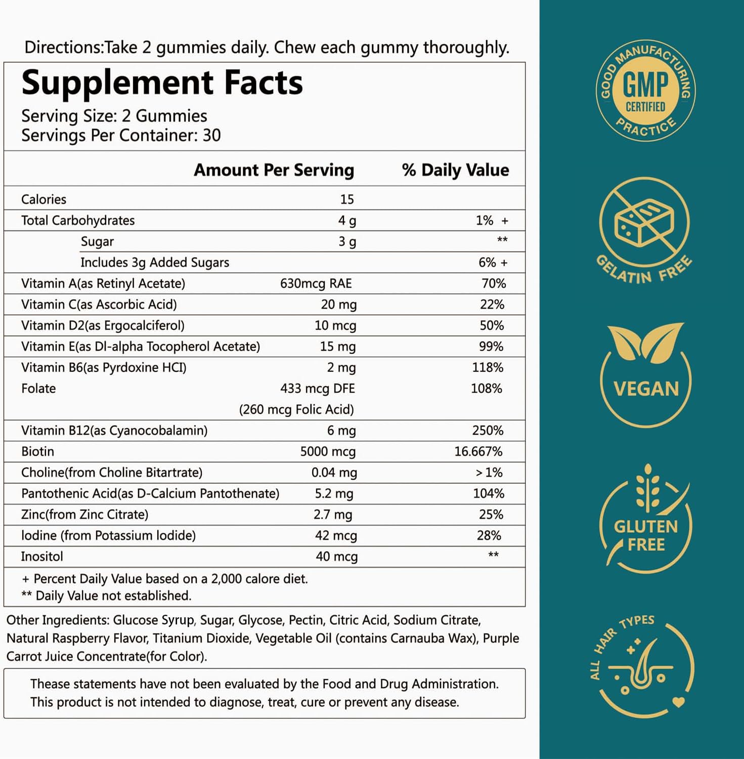 Hair Skin and Nails Biotin Gummies, Supports Healthy Hair, Skin & Nails, Vegan Vitamins for Women & Men, Supports Hair Growth and Stronger Nails, Healthy Skin, 30 Day Supply - Image 6