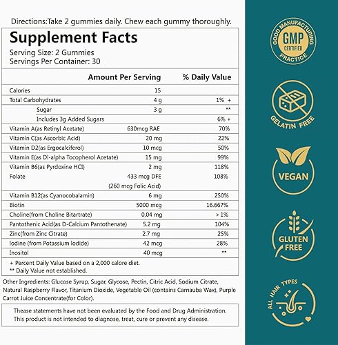 Miniatura 6 de Gomitas de biotina para el cabello, la piel y las uñas, apoya la salud del cabello, la piel y las uñas, vitaminas veganas para mujeres y hombres,