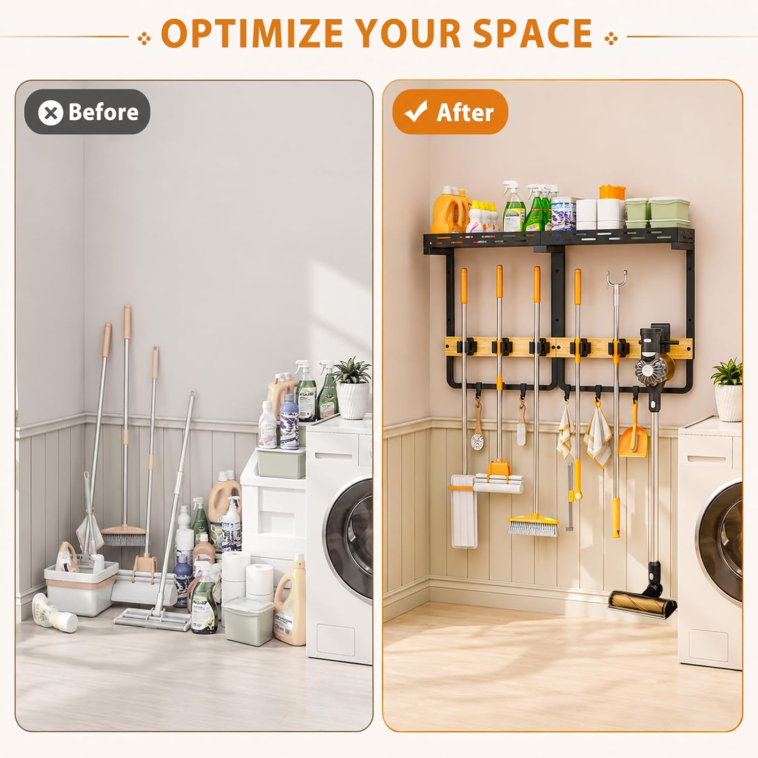 Large Broom Holder Wall Mount with Shelf, 5 Grippers and 6 Hooks | 26.8 in wide top storage, raised guardrails, side vacuum holder, metal frame, bamboo panels, laundry room and garage use