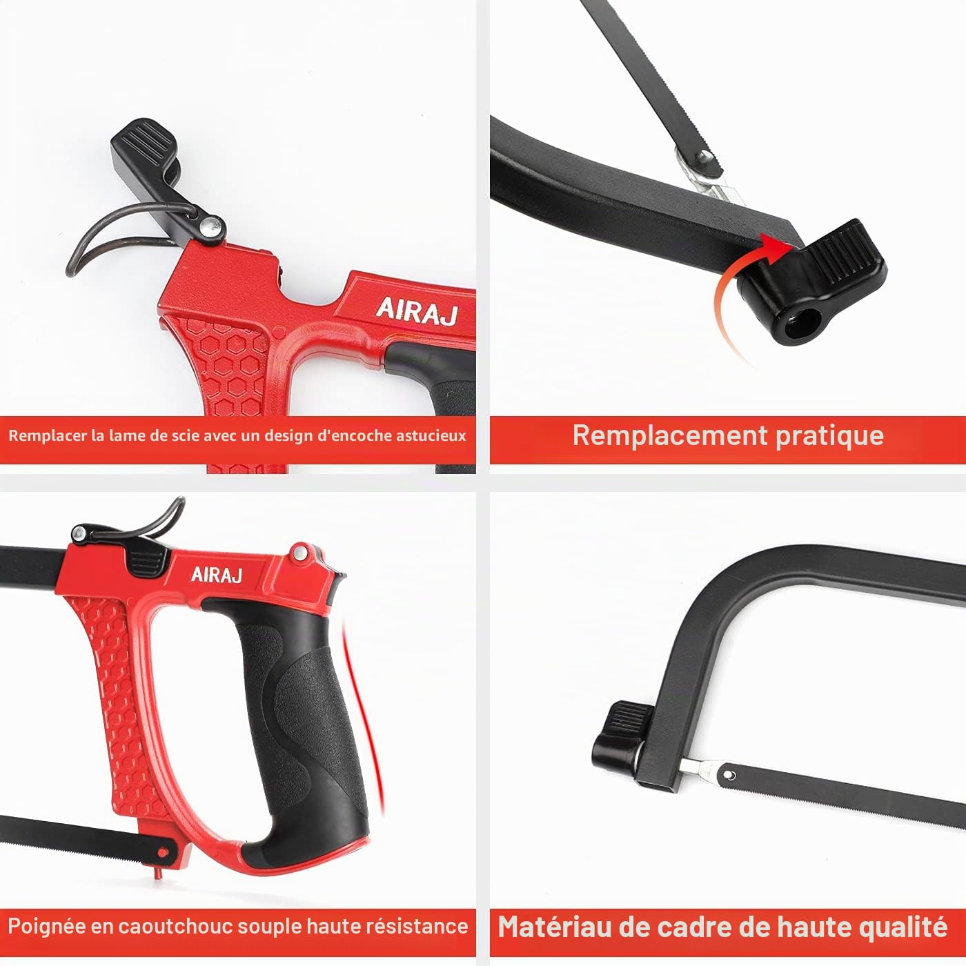AIRAJ Scie À Métaux 300mm, Poignée Antidérapante, 9 Bandes De Scie De Rechange, Pour La Découpe De Tubes En Métal, Bois Et PVC