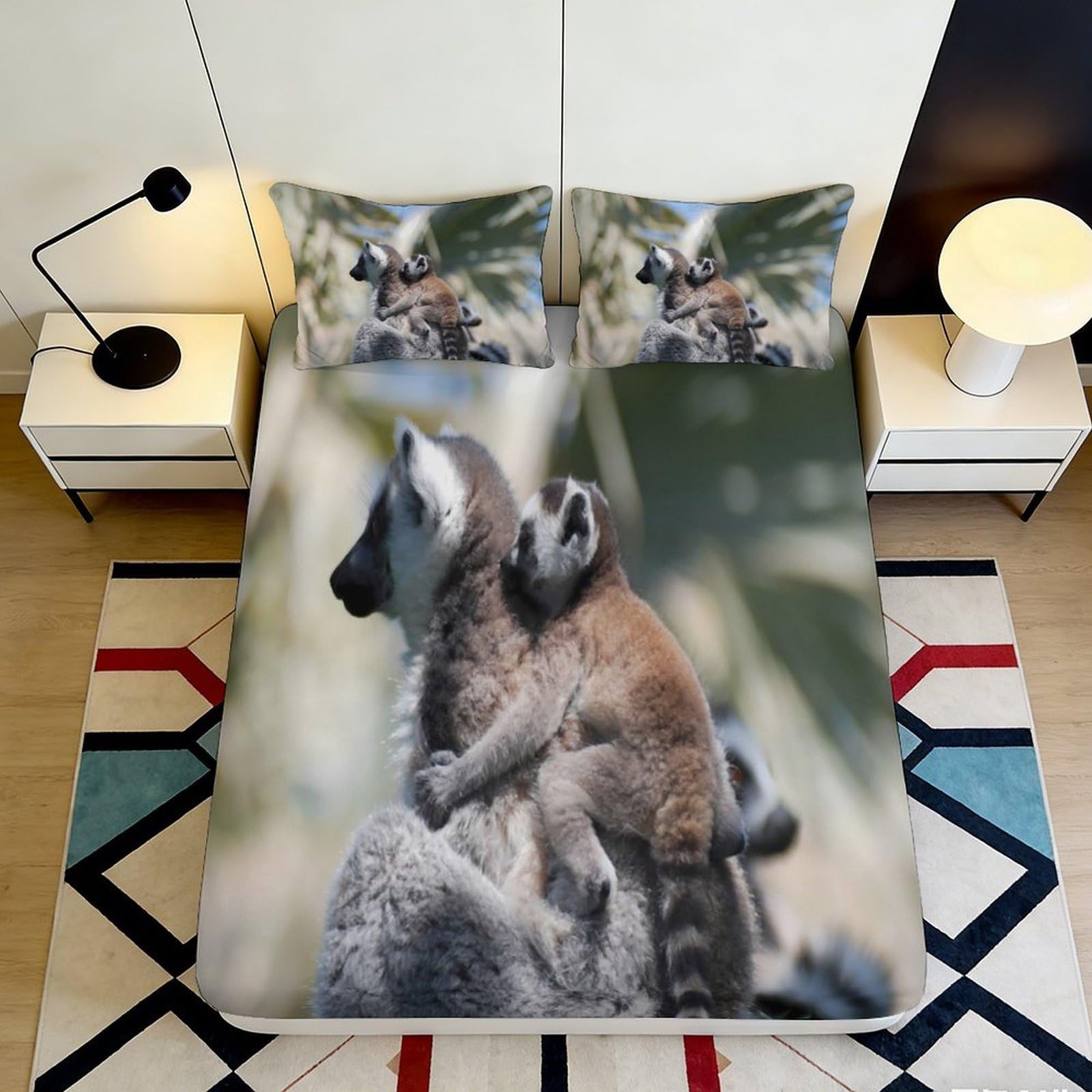 3D Printed Lemur Fitted Sheet, Microfiber Soft Touch, Wrinkle Resistant, Bed Cover for Bedroom, Guest Room, Apartment Bedding, Easy Care, Animal Pattern, 120x200cm 90x200x25cm