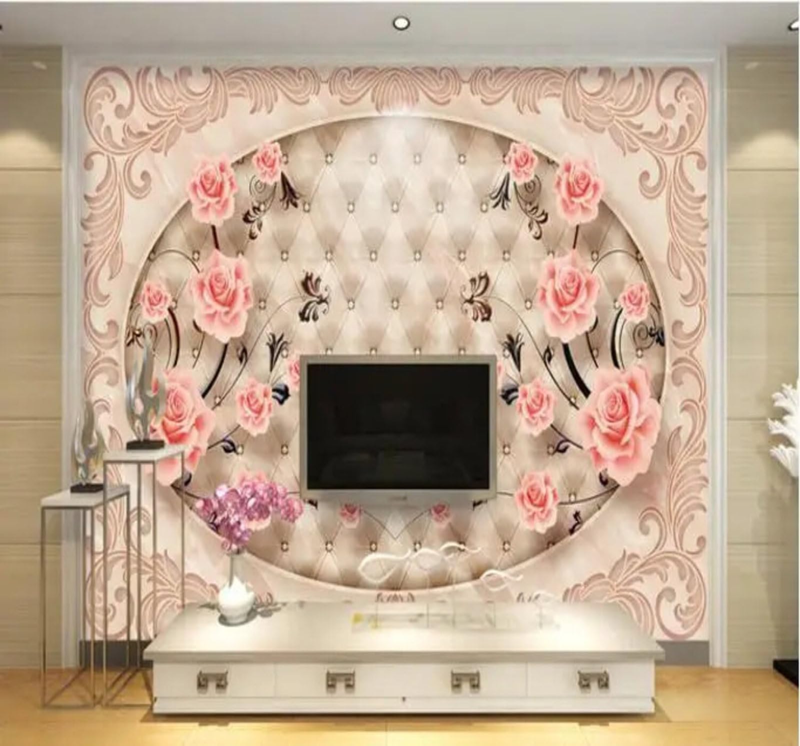 Wallpaper-3D-Xlm 350Cm×256Cm(B×H) Elegant Roses Faux Marble Relief Upholstered 3D Wallpaper Easy Install Feature Office Living Room Sofa Bedroom Tv Background Wall Decoration-350Cm×256Cm