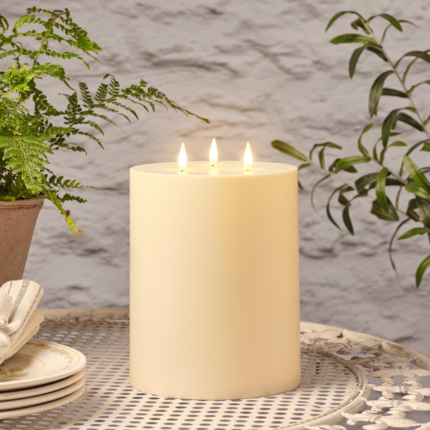 Lights4fun 20cm Outdoor Solar Powered TruGlow® Waterproof 3 Wick Flameless LED Pillar Candle – Realistic Flickering Flame Garden & Patio Light for Everyday or Special Occasions