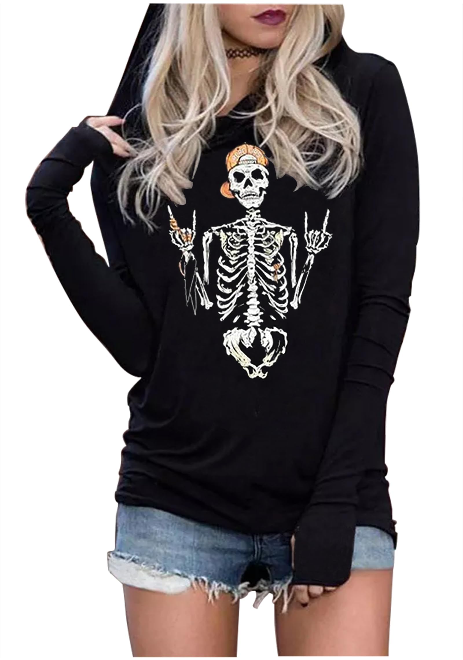 Yuaelria Halloween Skull Hoodie Women Hocus Pocus Long Sleeve T-Shirt Lightweight Pullover Top Vintage Gothic Graphic Tees