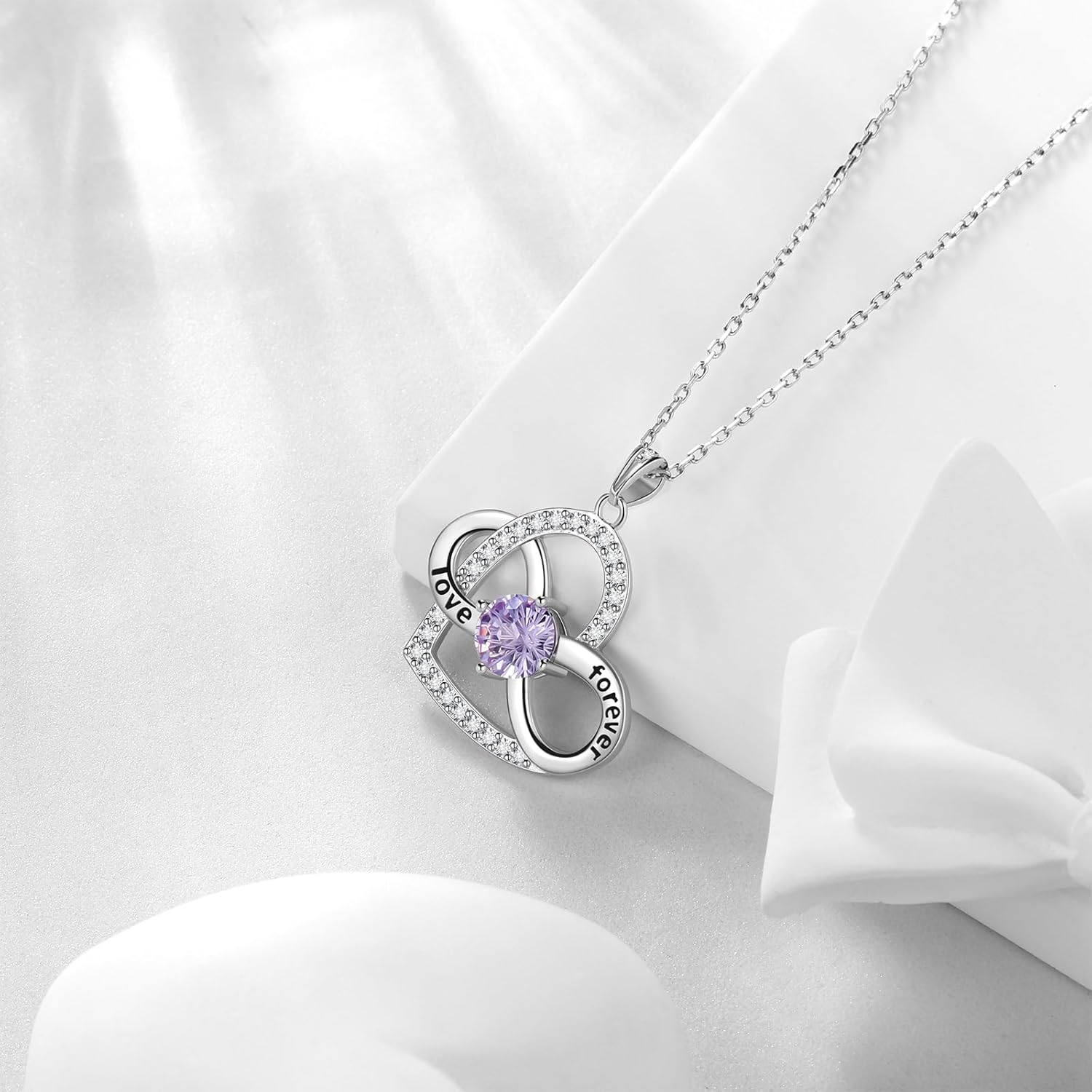 Birthstone Love Heart Infinity Pendant Necklace - 925 Sterling Silver Firework-Cut Cubic Zirconia Love Forever Infinity Necklace Anniversary Birthday Jewelry Gift for Women Wife Mom Daughter - Image 3