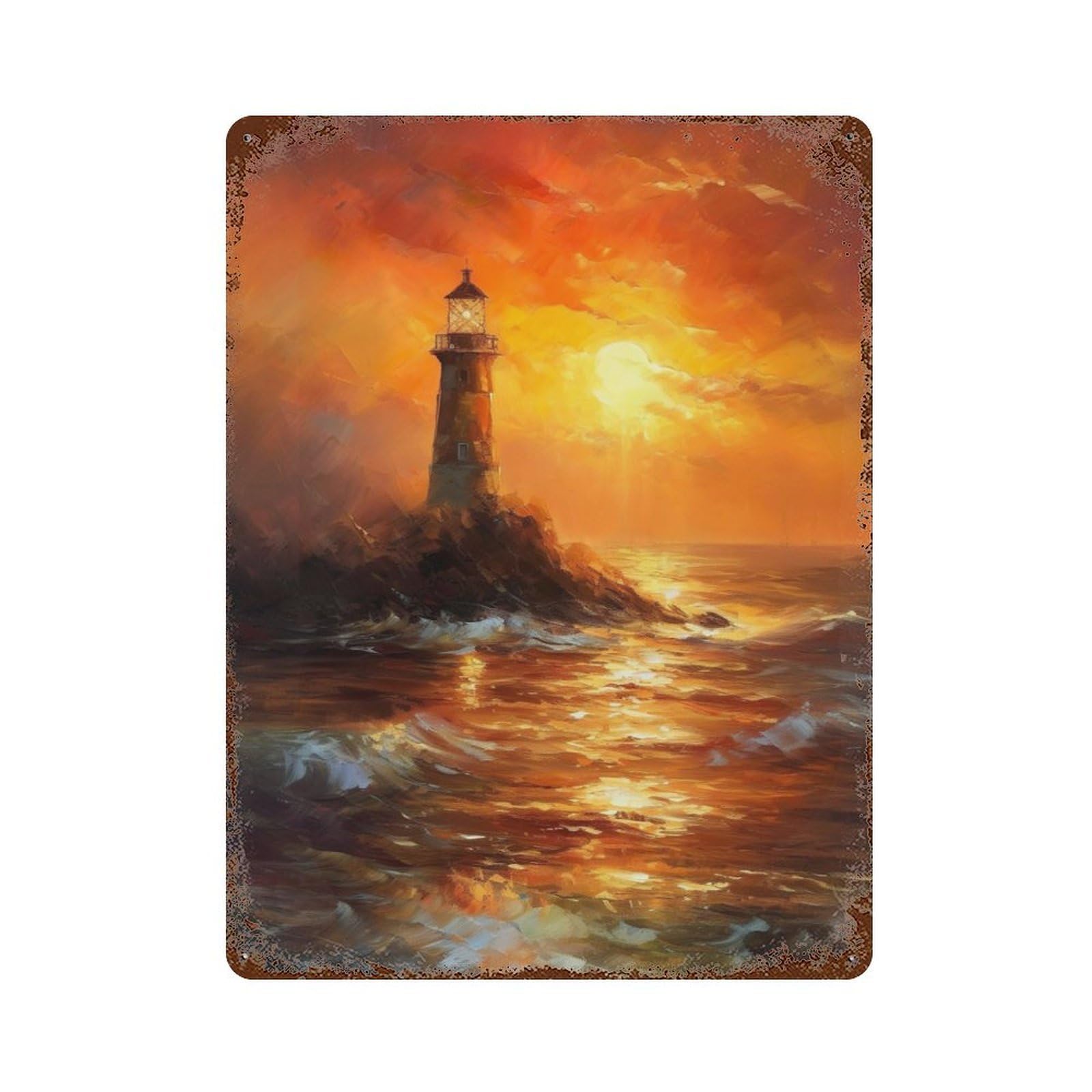 Garage Style Lighthouse Sunset Rust Effect Tin Sign 15.7"x11.8", Industrial Home Decor for Bar And Workshop