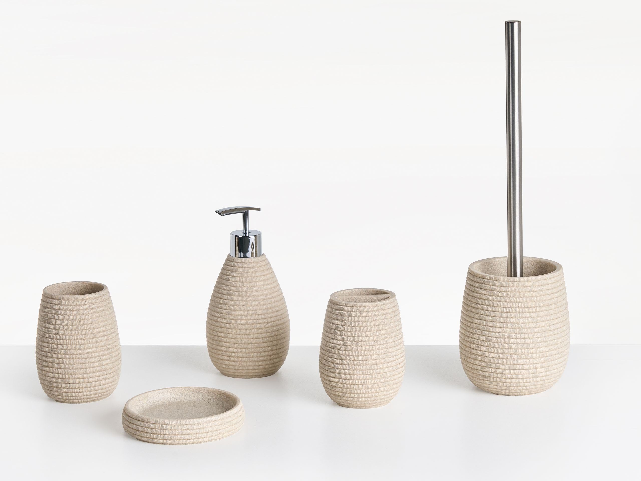 Conjunto de Accesorios de baño jabonera dispensador de jabón escobilla de Inodoro Vaso Soporte para cepillos de Dientes Beige Claro Quila