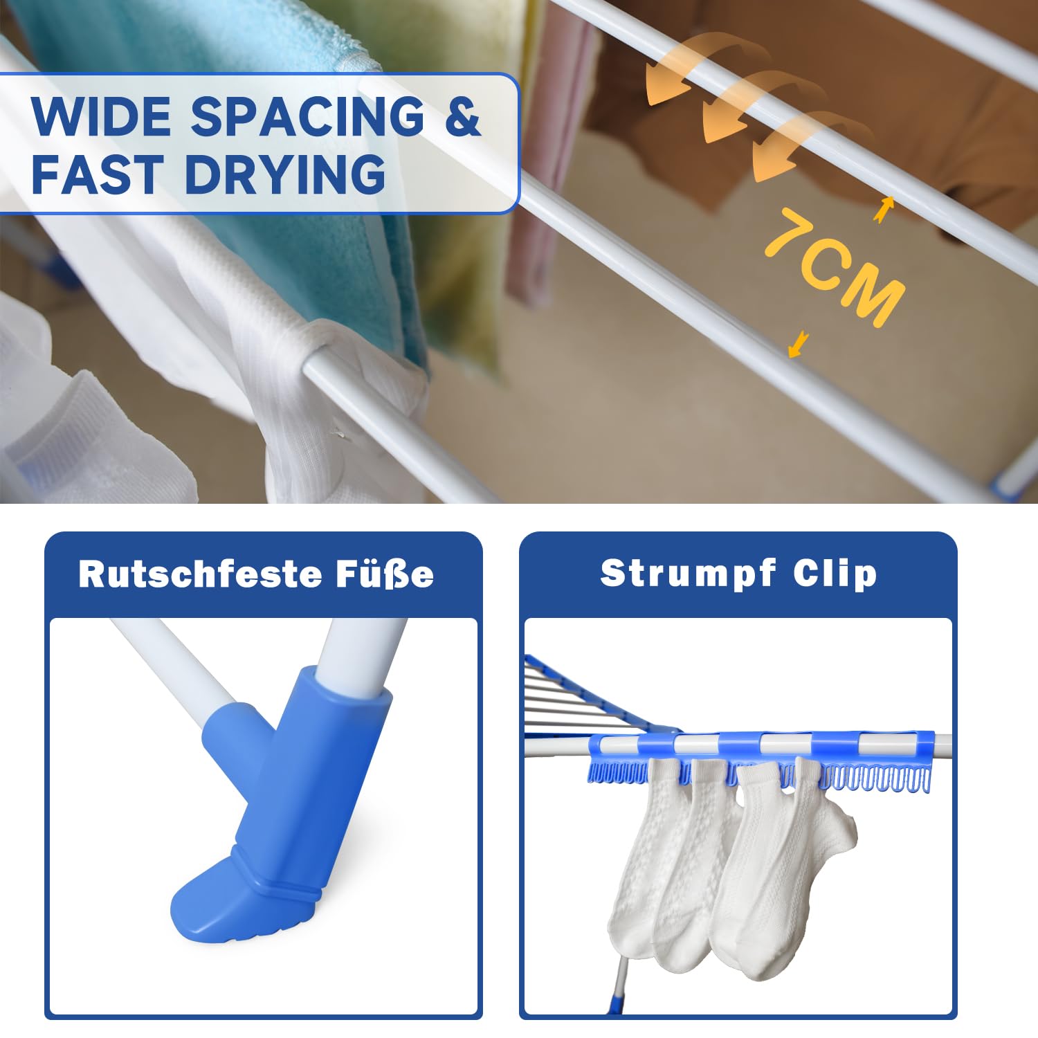 Hazeatte Wäscheständer Blau mit stabilem Stand, standtrockner,Wäscheständer für Lange Wäsche, Flügelwäschetrockner für platzsparende Aufbewahrung,Eco-Verpackung - Image 4