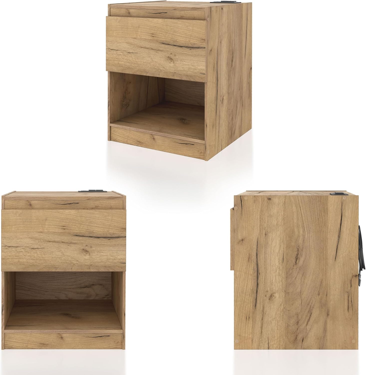 Furniture of America Rockton Transitional Wooden Nightstand with Charging Station, Drawer, and Open Shelf, Bedside Table Featuring Space to Storage Things for Room, Dorm, Bedroom, Light Oak